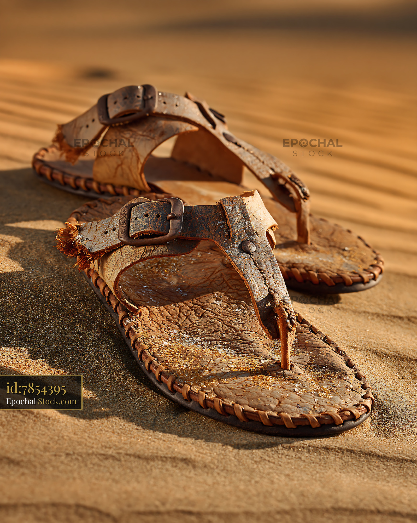 Worn leather sandals resting on golden desert sand dunes - stock photo