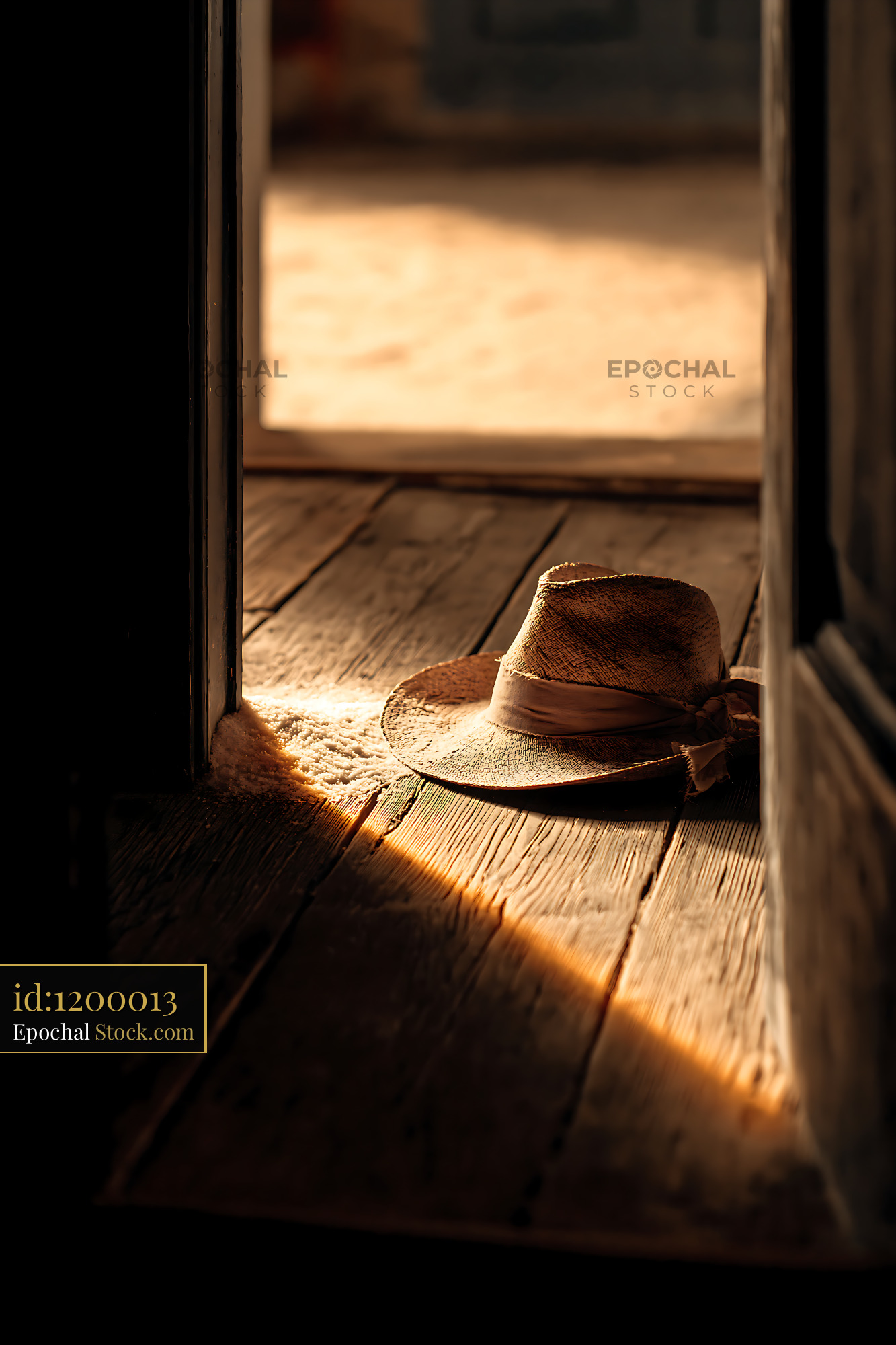 Worn straw hat on rustic wooden floor in golden sunlight - stock photo