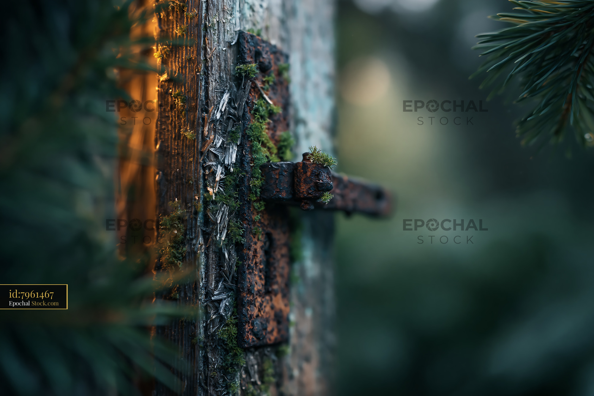 Rusty old door latch on a weathered wooden door covered with moss
