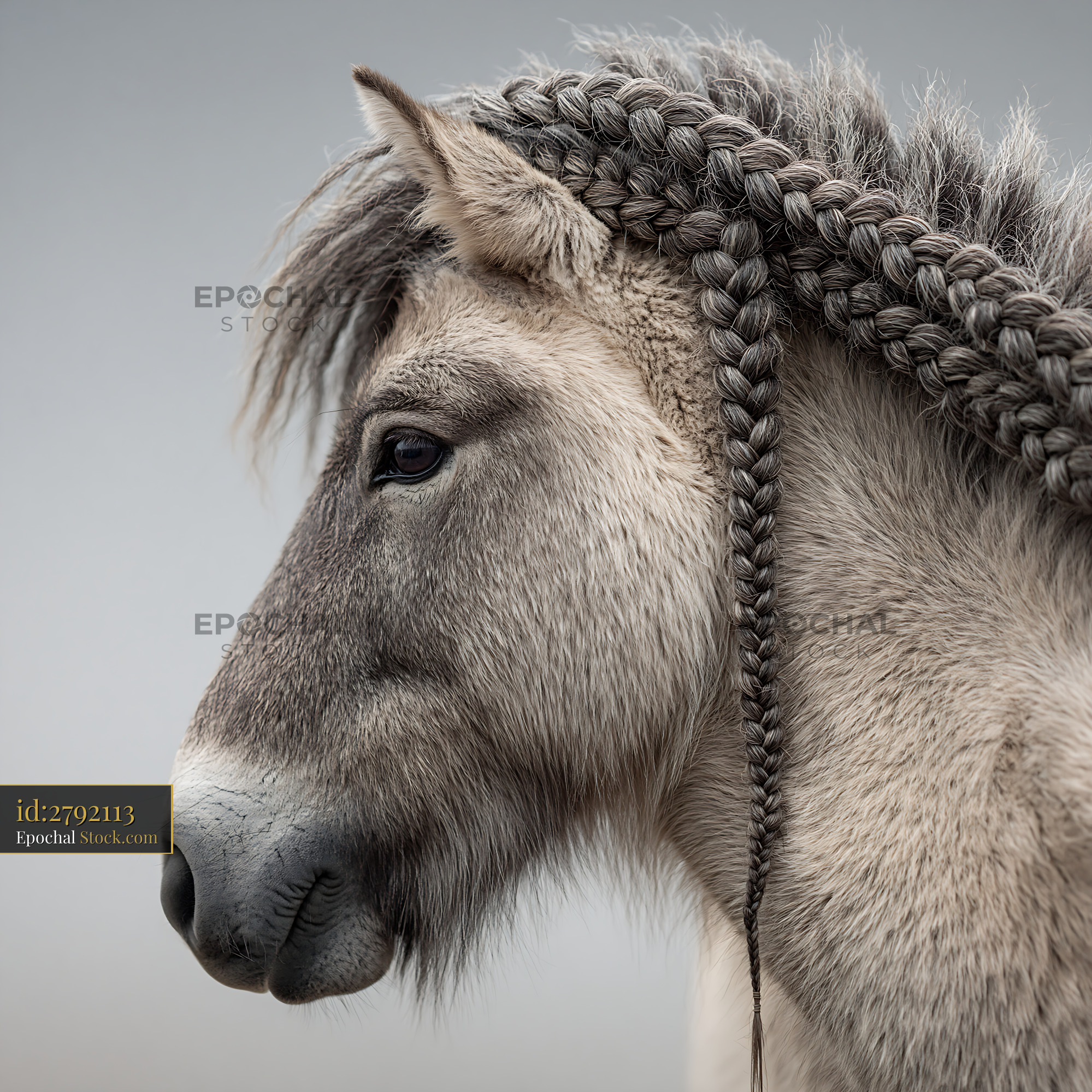 Close-up profile of a gray horse with an intricately braided mane
