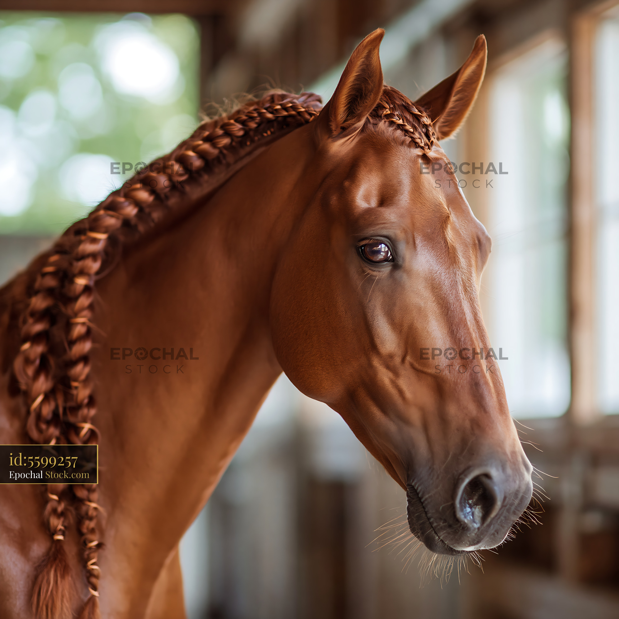 Portrait of a chestnut horse with braided mane in a stable