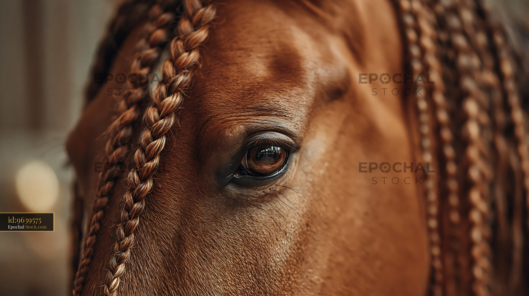 Close up of a chestnut horse eye with intricately braided mane