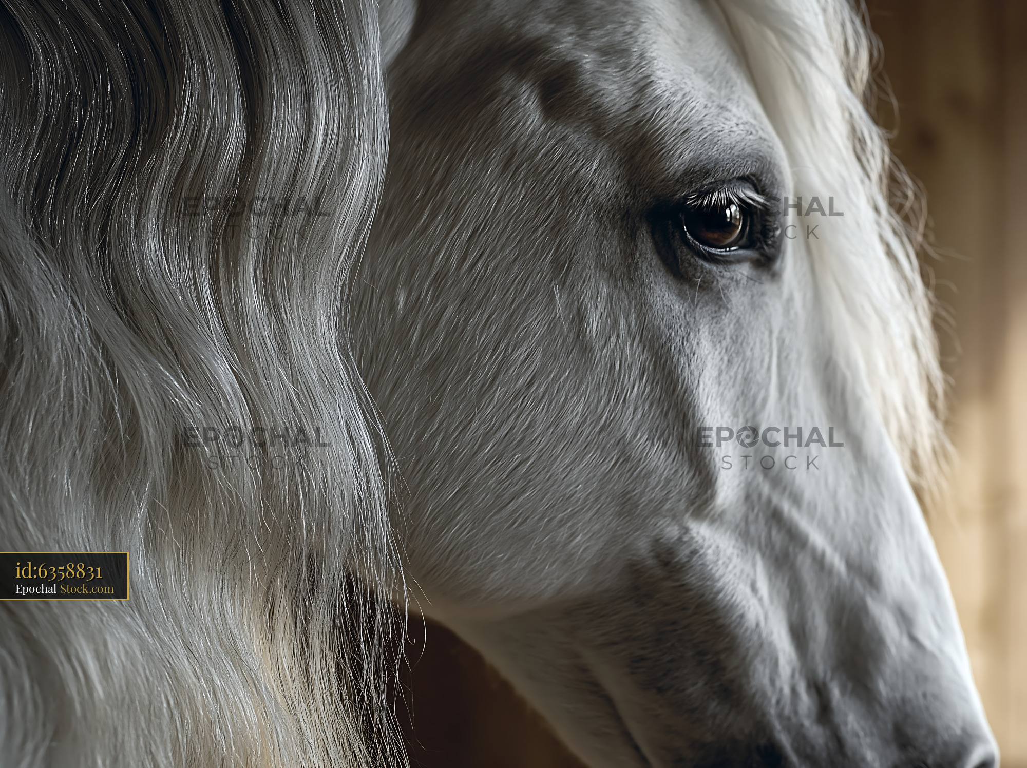 Close up of a white horse with long flowing mane and soulful eye