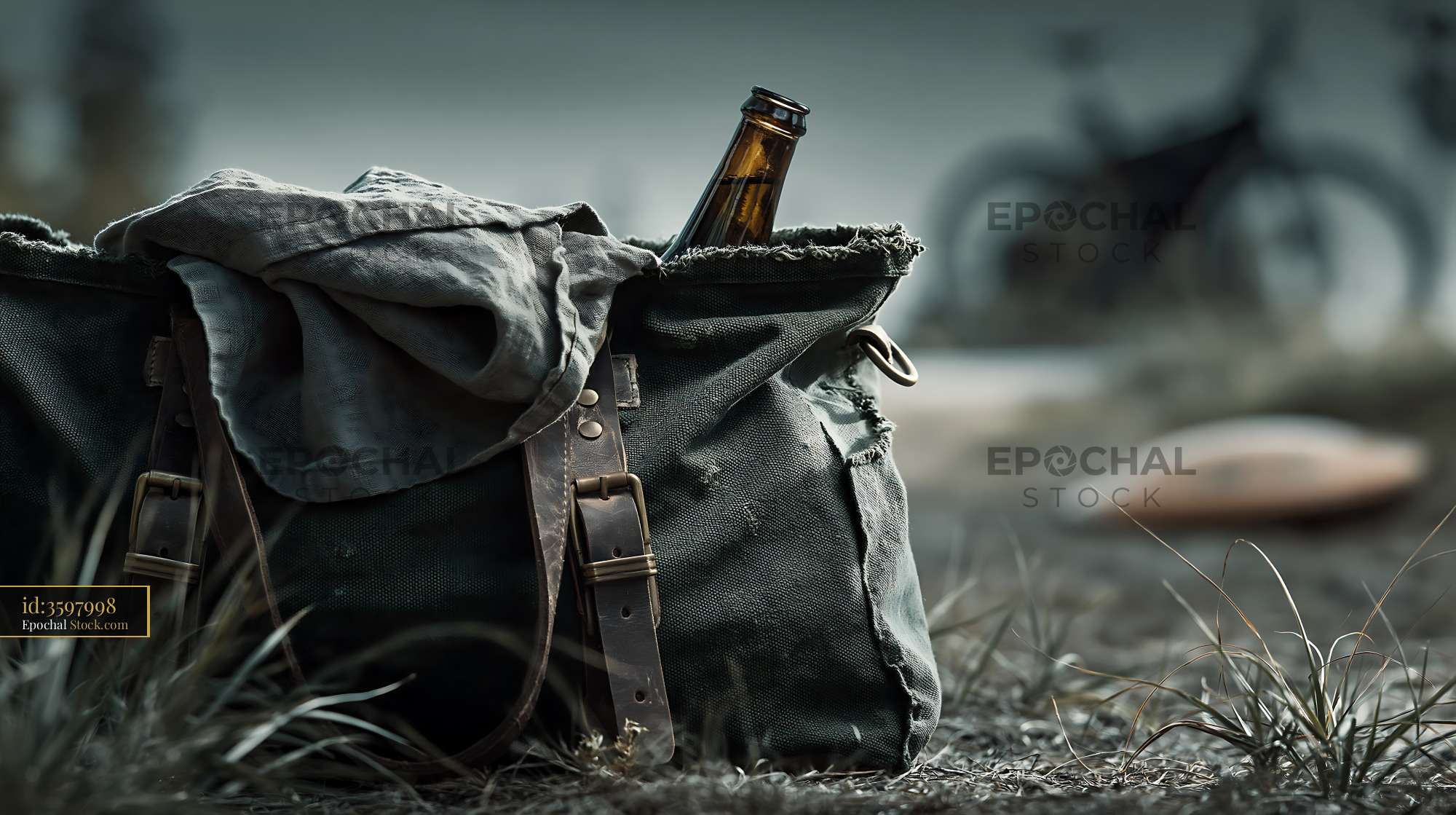 Vintage canvas travel bag with glass bottle in a grassy field