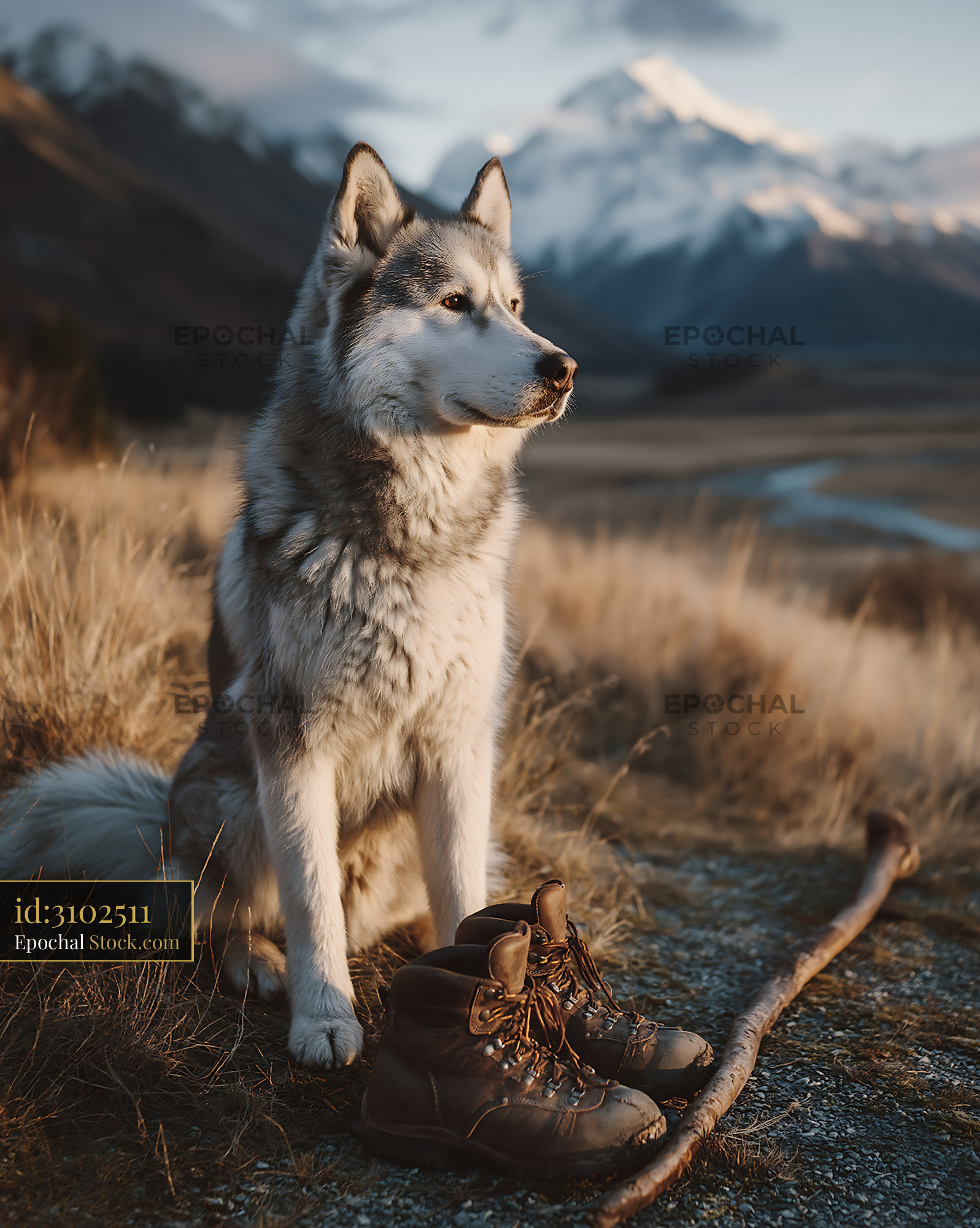 Husky dog sitting by hiking boots in a mountain landscape - stock photo