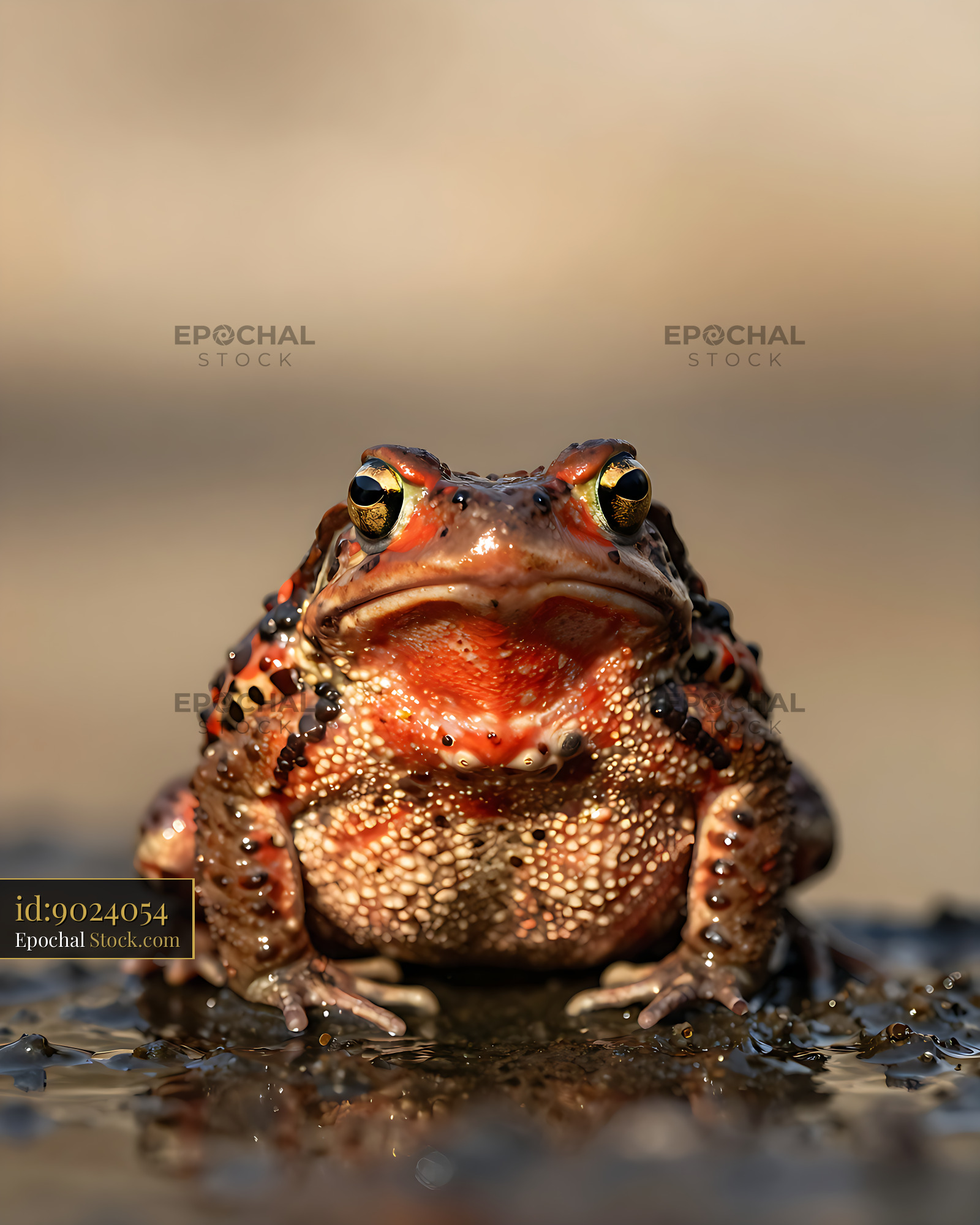 Close-up portrait of a colorful toad sitting on wet ground