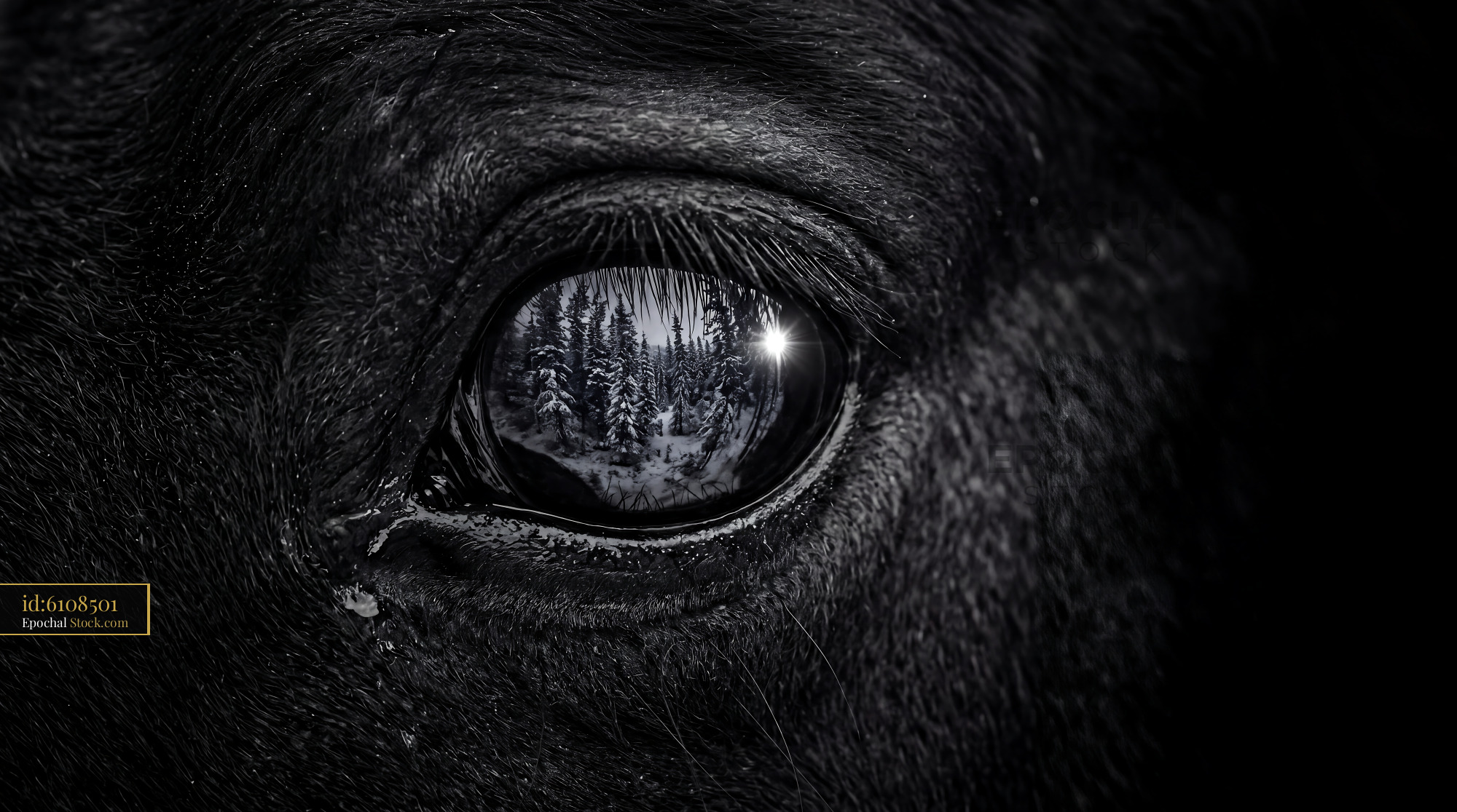 Close up of a horse eye reflecting a snowy winter forest