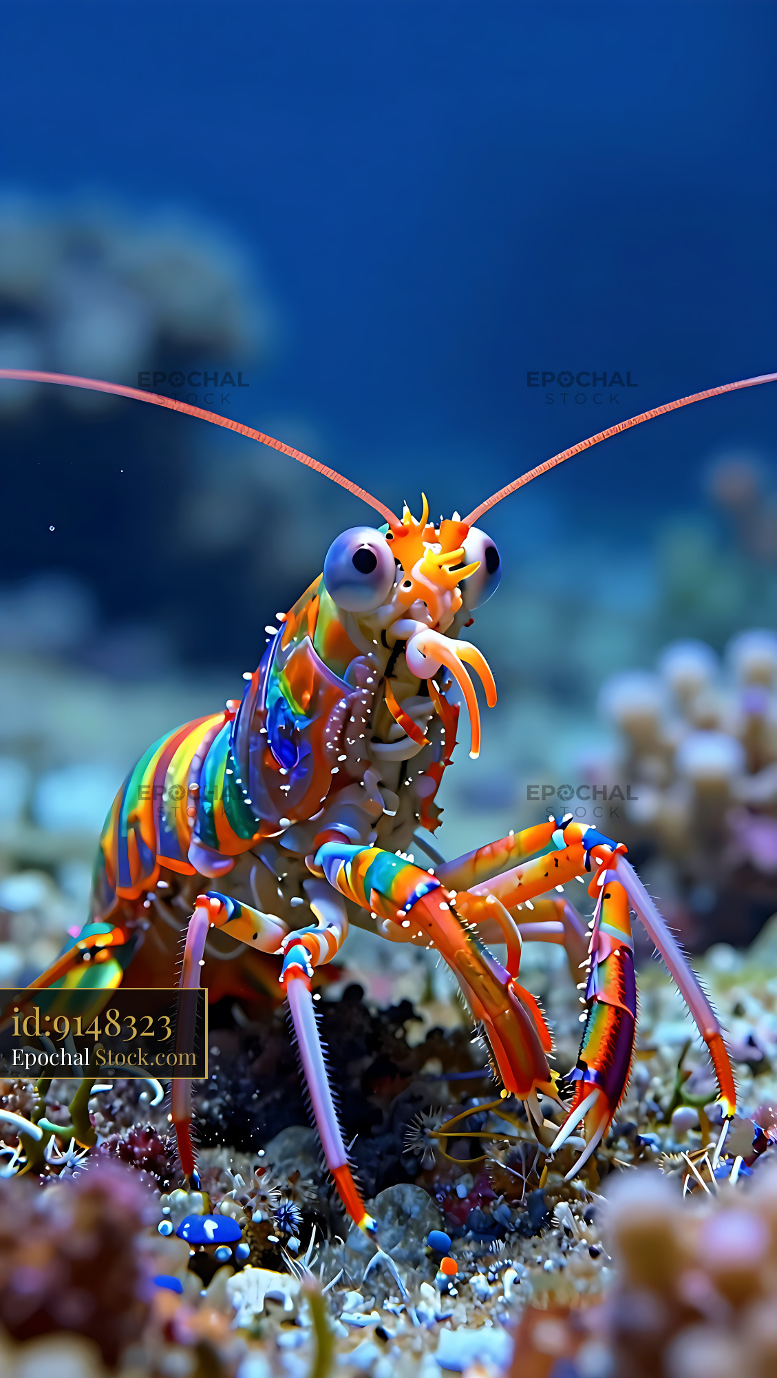 Vibrant multi-colored mantis shrimp on a tropical coral reef