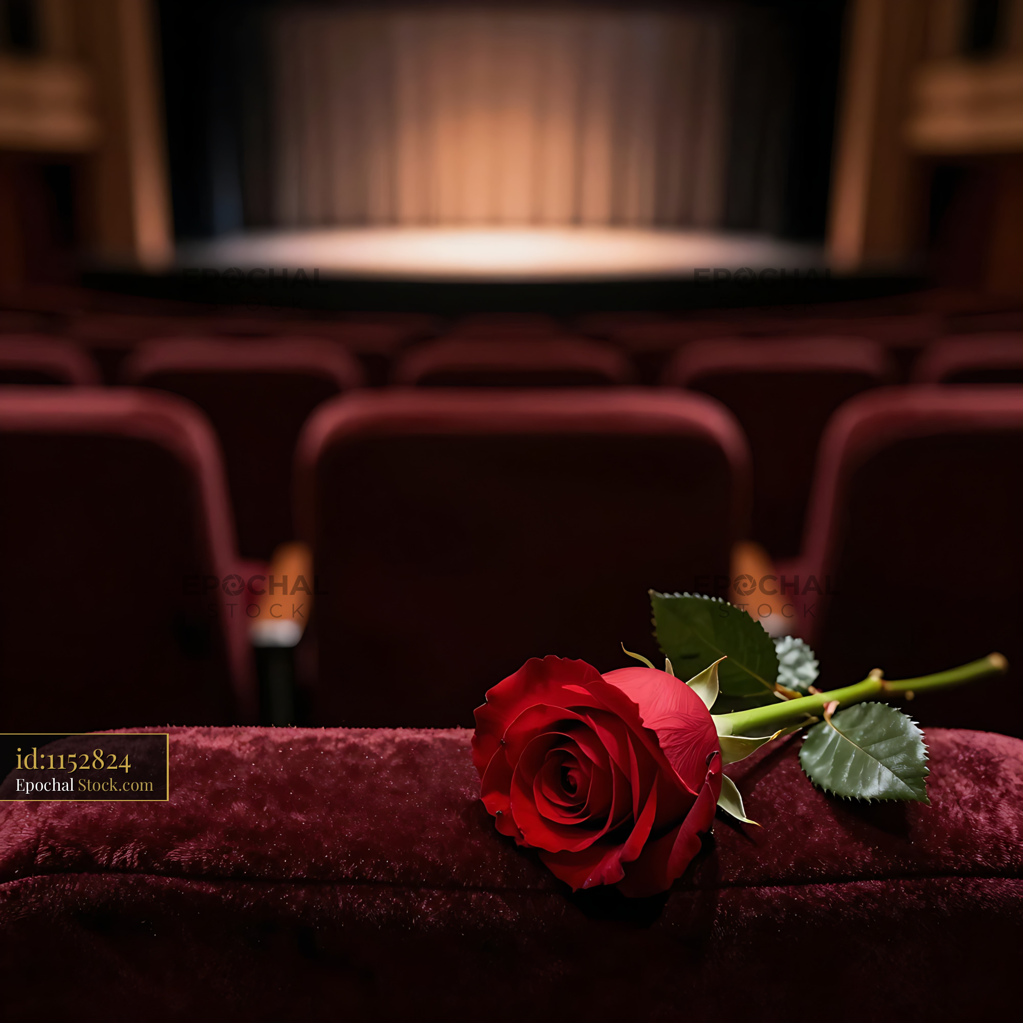 Red rose on a velvet seat in an empty theater auditorium