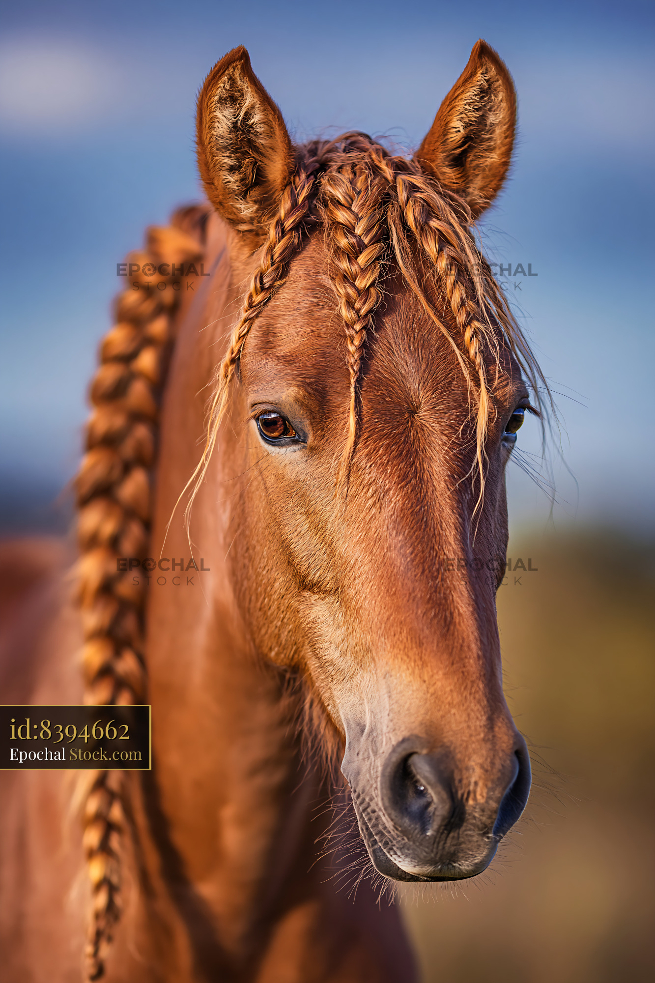 Portrait of a chestnut horse with elegantly braided mane