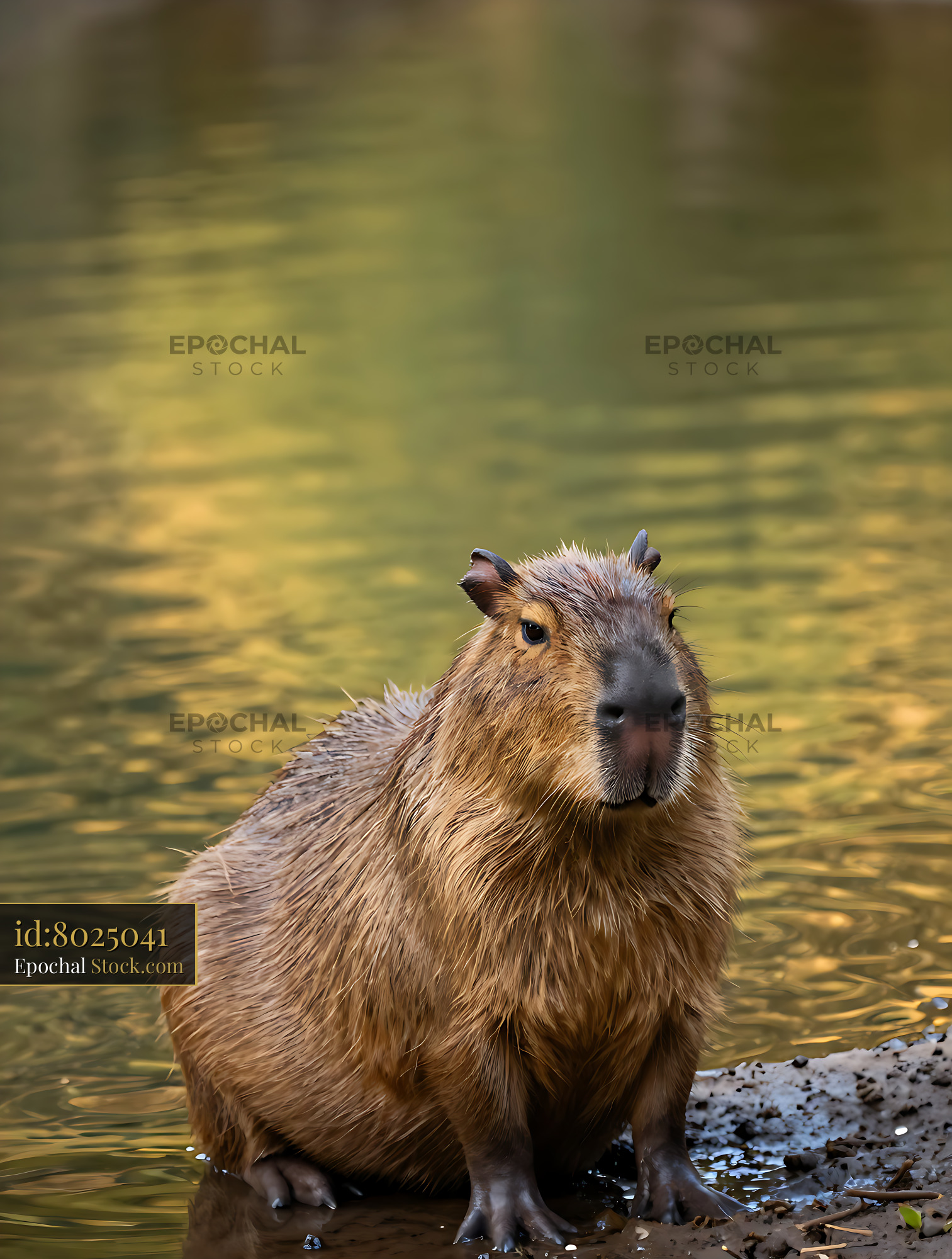 Capybara sitting at the edge of a pond with golden water reflections - stock photo