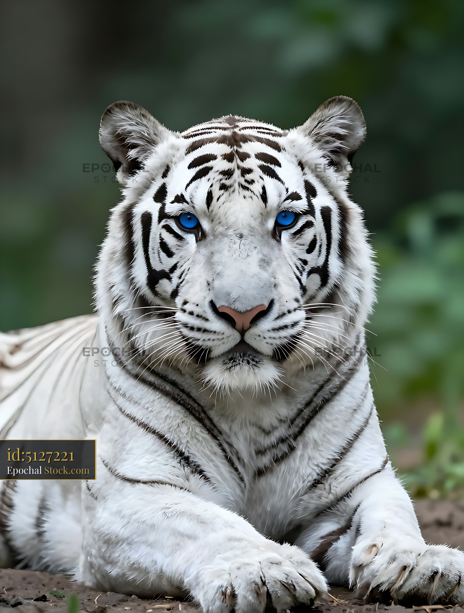 Majestic white tiger with piercing blue eyes resting in the forest - stock photo
