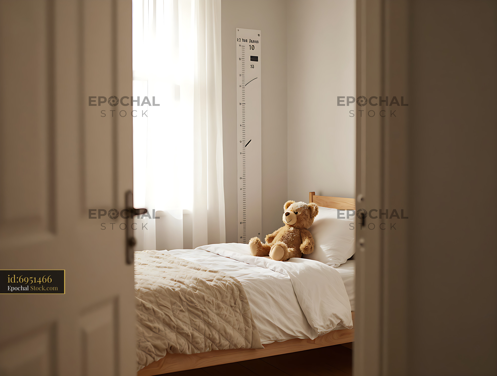 Teddy bear on a bed in a bright minimalist child's room