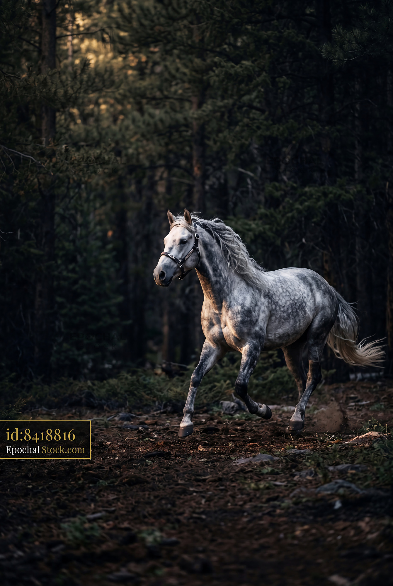 Dapple grey horse galloping through a dark pine forest - stock photo