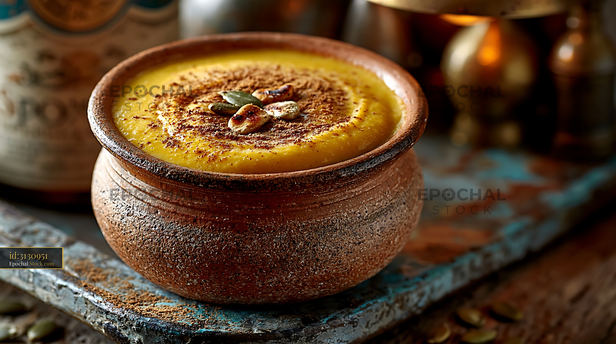 Kabocha pumpkin smoothie in rustic clay bowl with cinnamon and seeds - stock photo