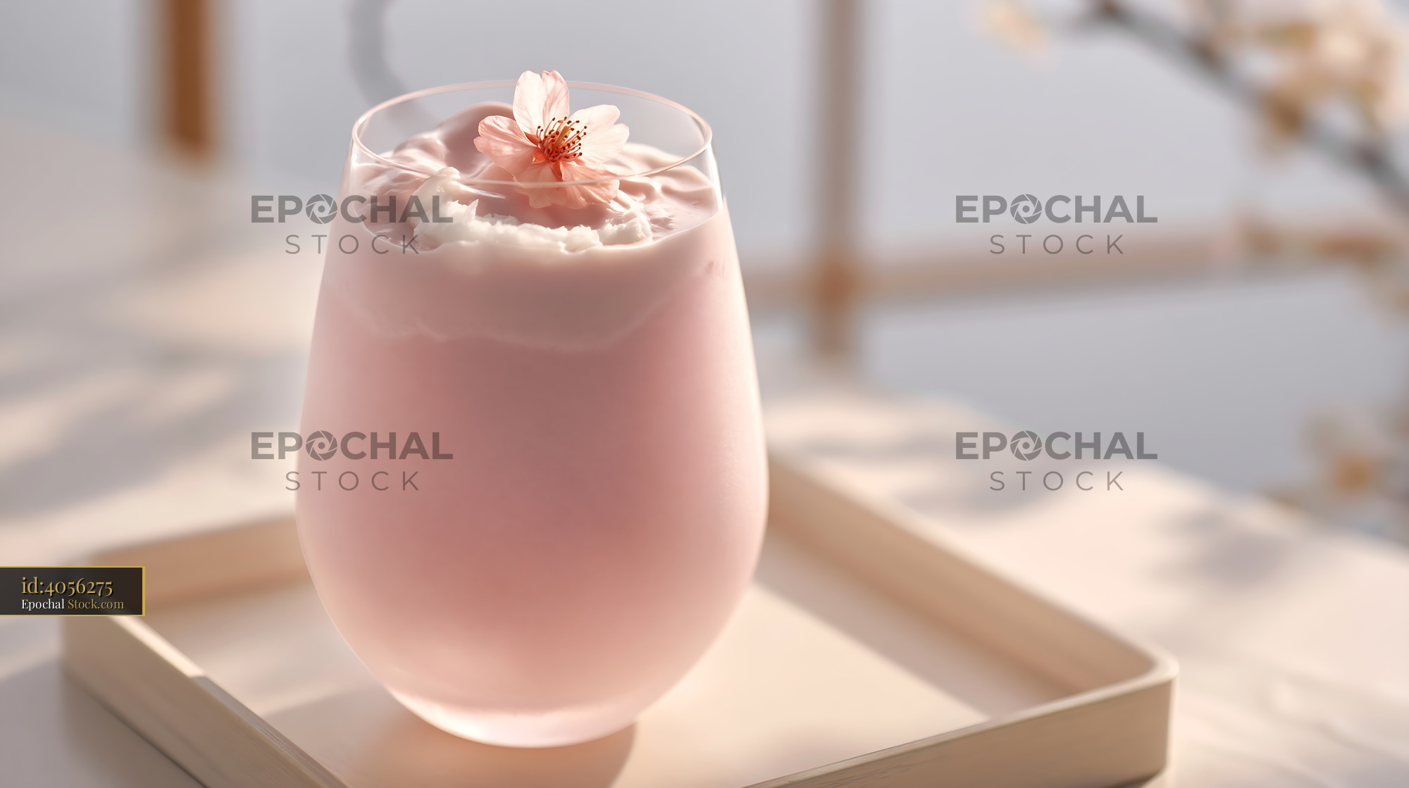 Pink sakura blossom smoothie topped with a fresh cherry flower - stock photo