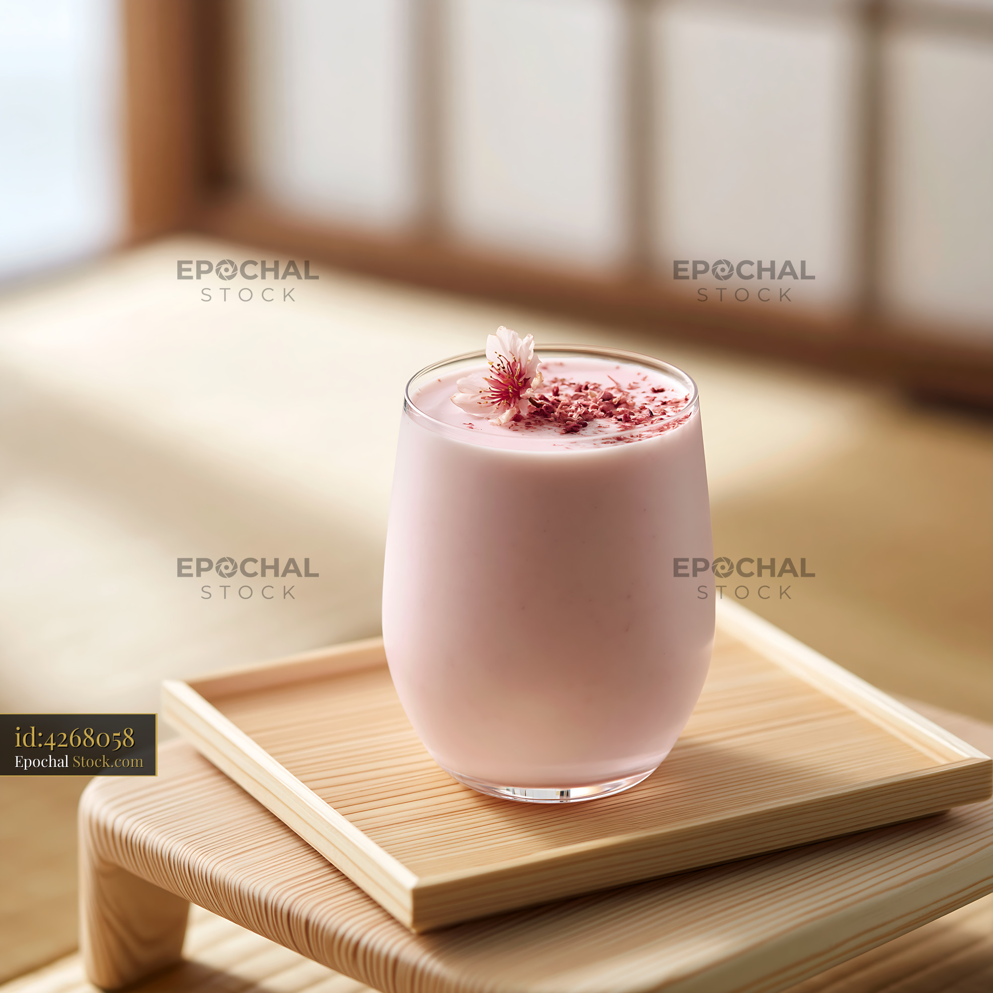 Pink sakura blossom smoothie on a wooden tray in a zen interior - stock photo