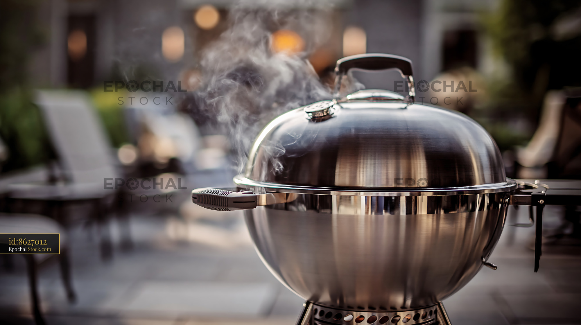 Smoking barbecue grill on a patio during a summer evening garden party - stock photo
