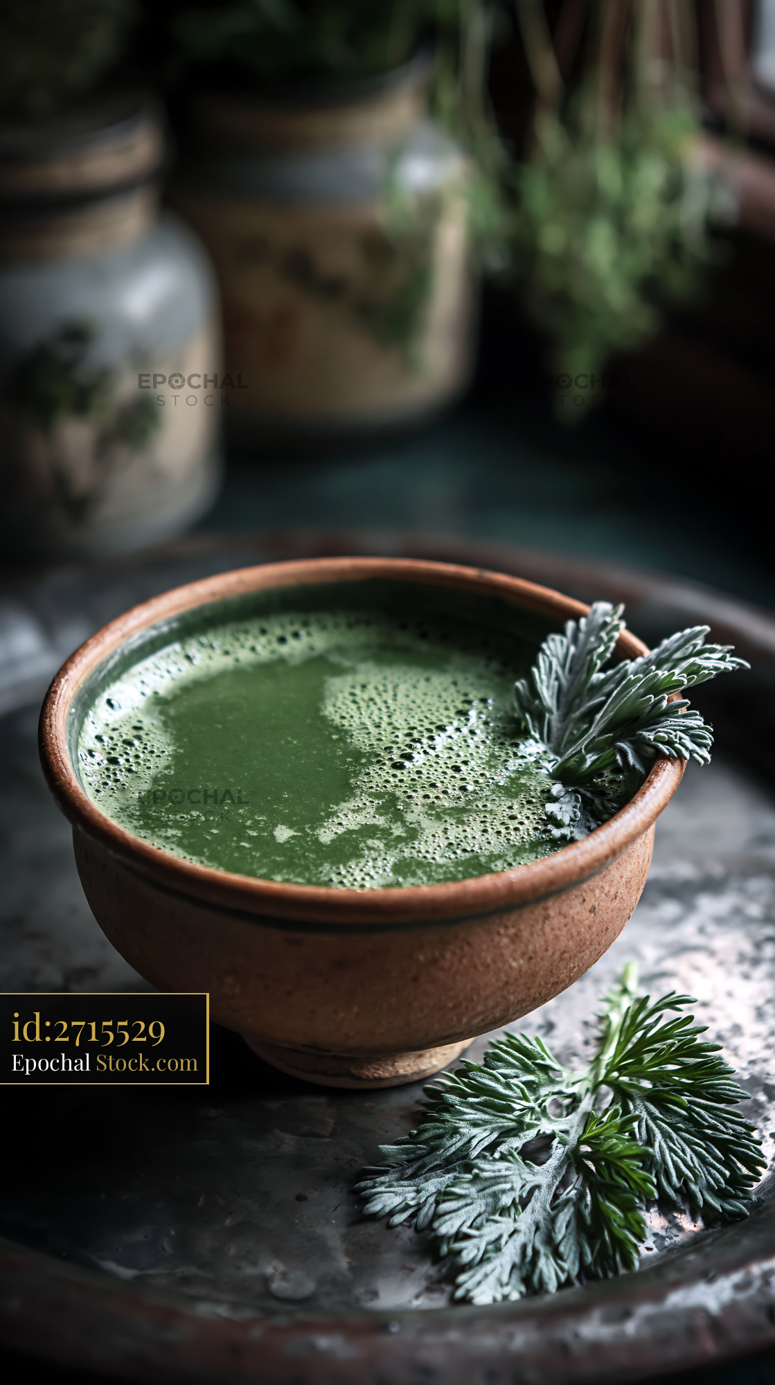 Green mugwort herb smoothie in a rustic clay bowl with fresh herbs - stock photo