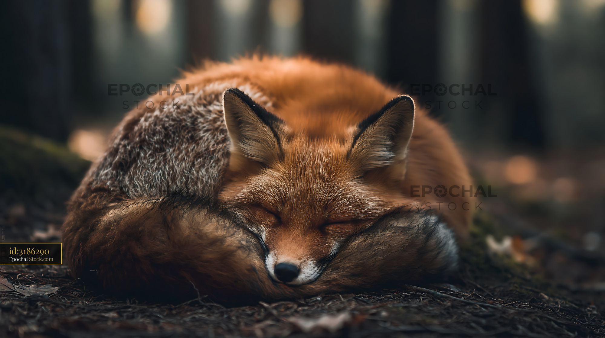 Red fox curled up and sleeping peacefully on the forest floor - stock photo