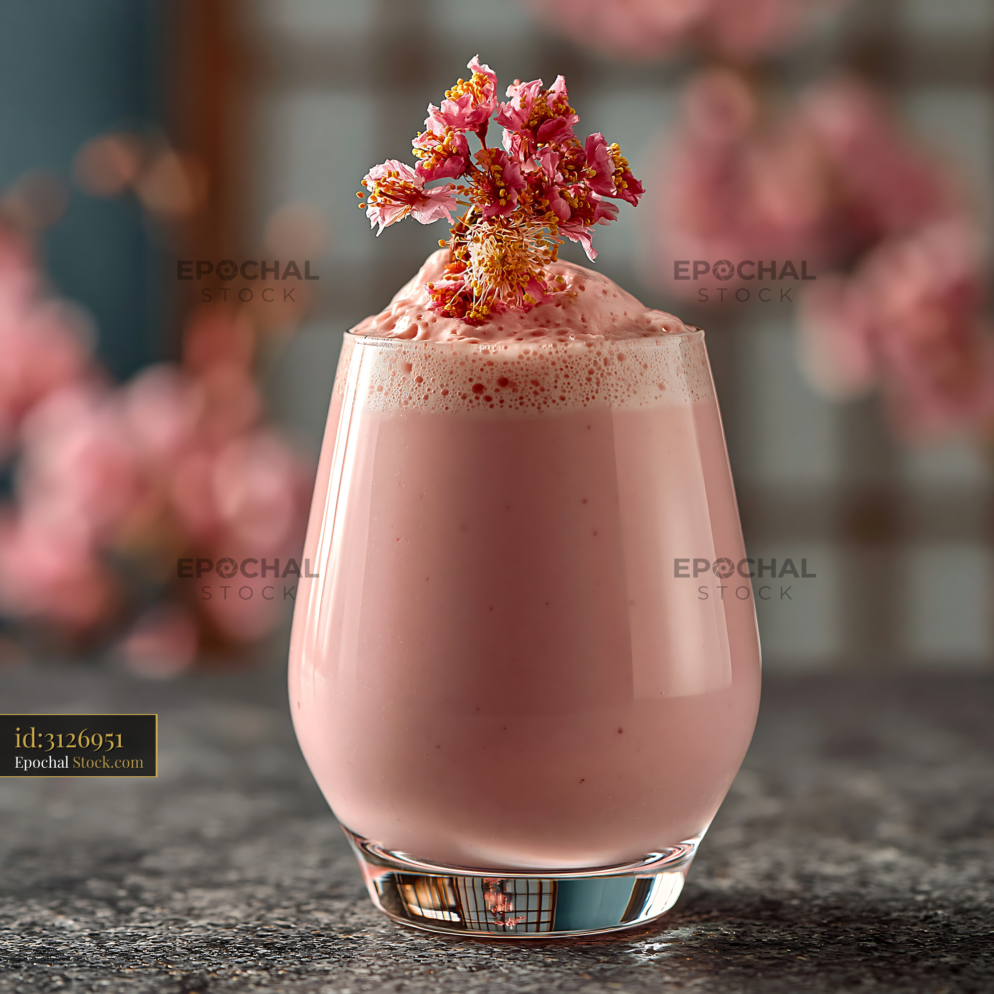 Pink sakura blossom smoothie in a glass with cherry blossoms - stock photo