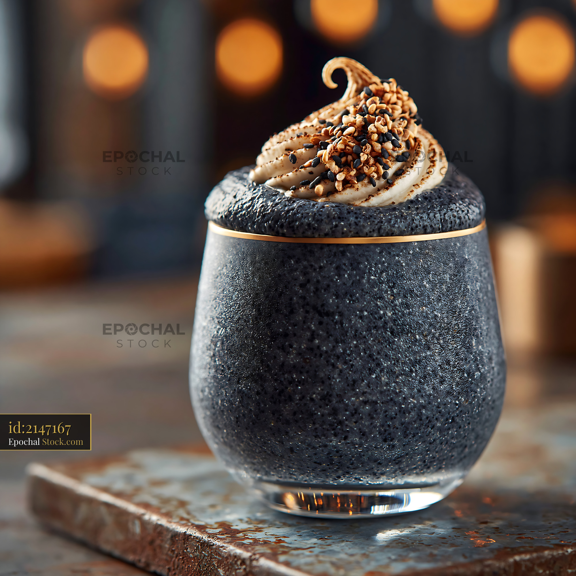 Kurogoma smoothie with whipped cream and toasted sesame seeds - stock photo