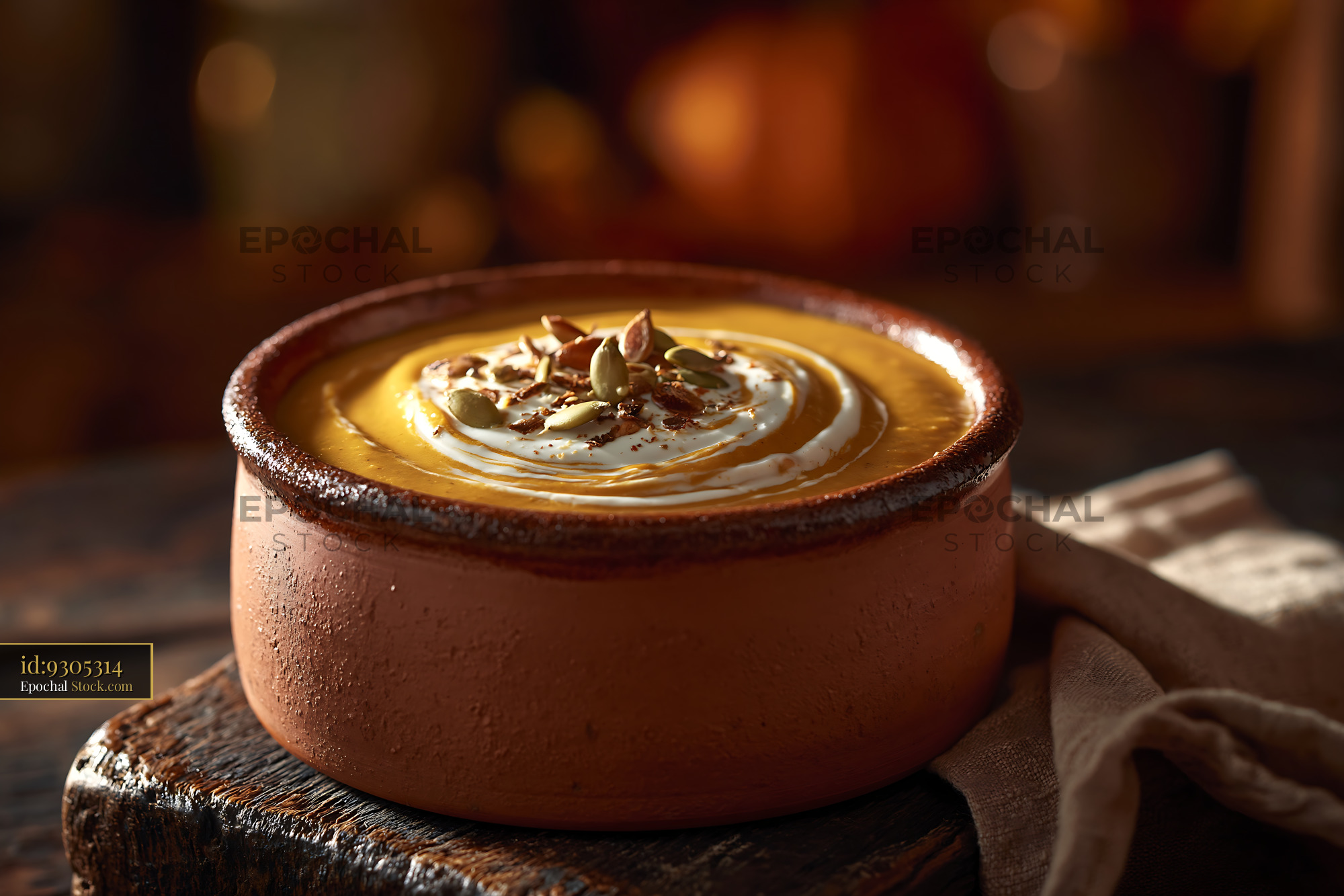 Kabocha pumpkin smoothie with cream and seeds on rustic wood table - stock photo