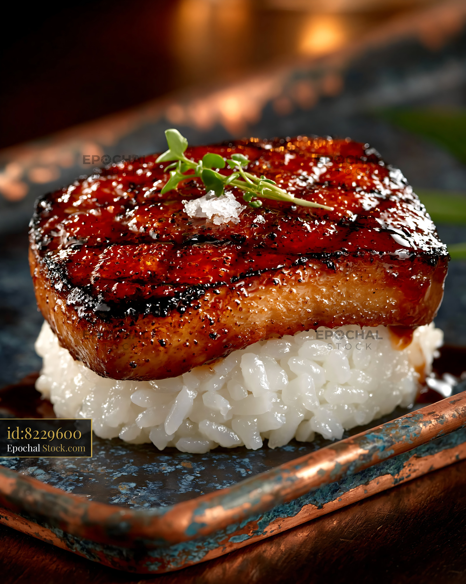 Gourmet seared aburi wagyu sushi with sea salt and garnish - stock photo