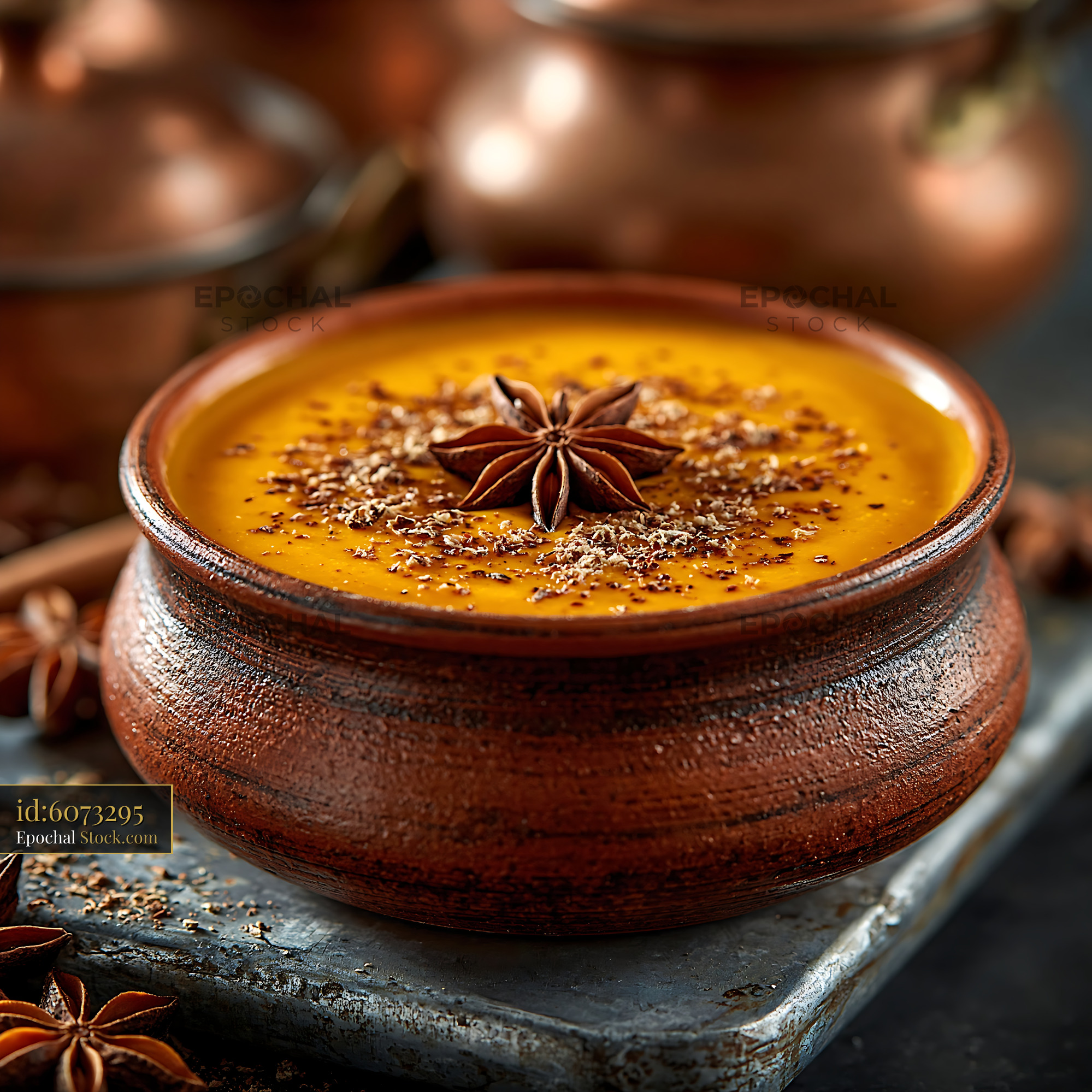 Kabocha pumpkin smoothie in a rustic clay bowl with star anise - stock photo