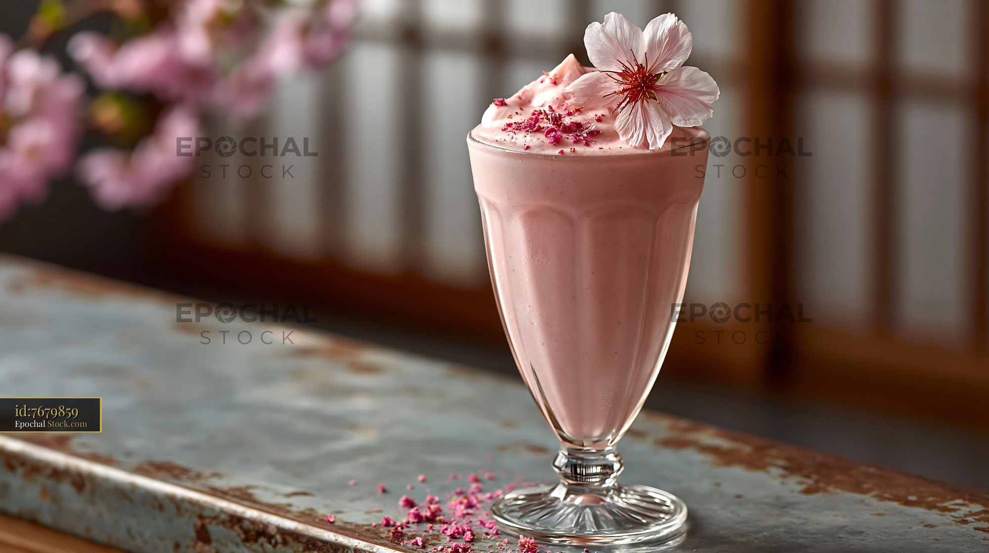 Sakura blossom smoothie with fresh cherry blossom garnish in a glass - stock photo