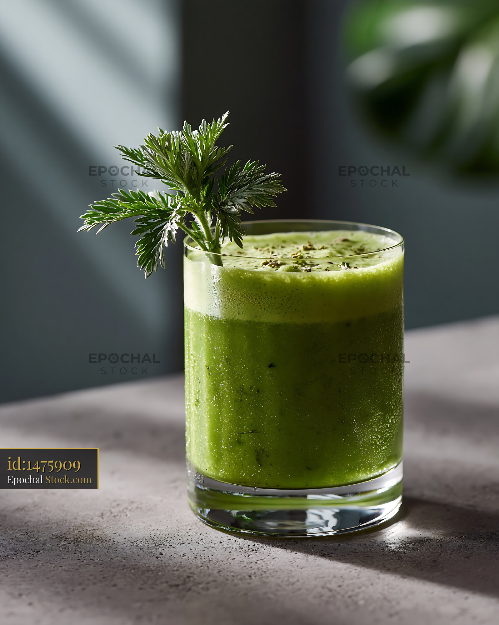 Mugwort herb smoothie in a glass garnished with fresh leaves - stock photo
