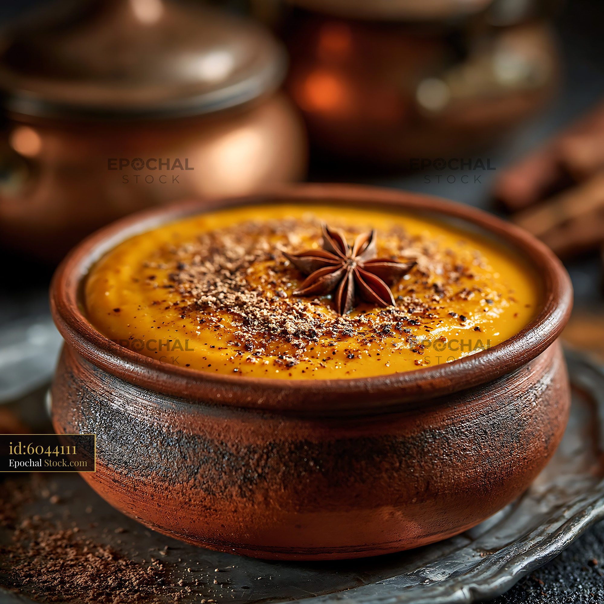 Kabocha pumpkin smoothie with star anise in a rustic clay bowl - stock photo
