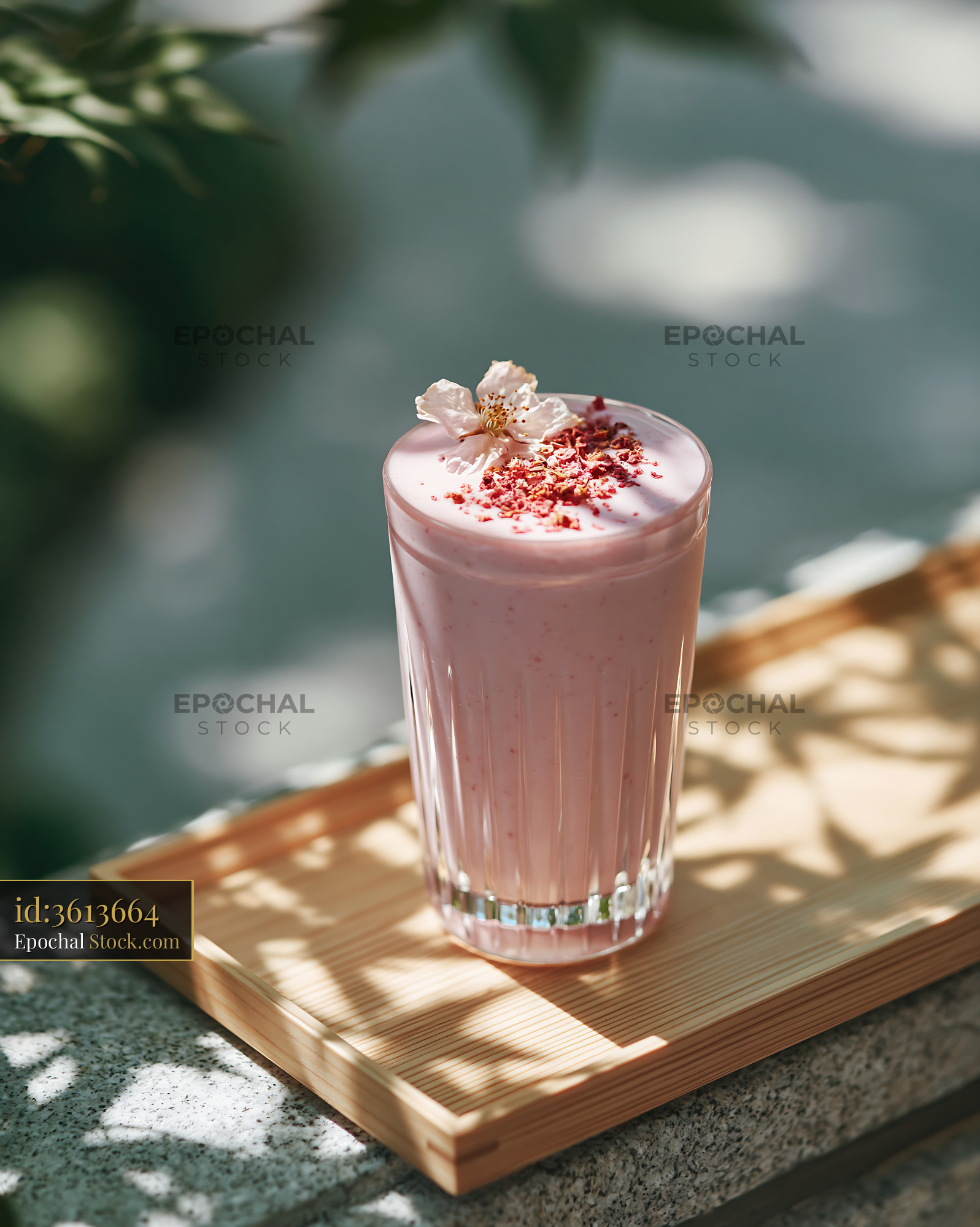 Pink sakura blossom smoothie on wooden tray in dappled sunlight - stock photo