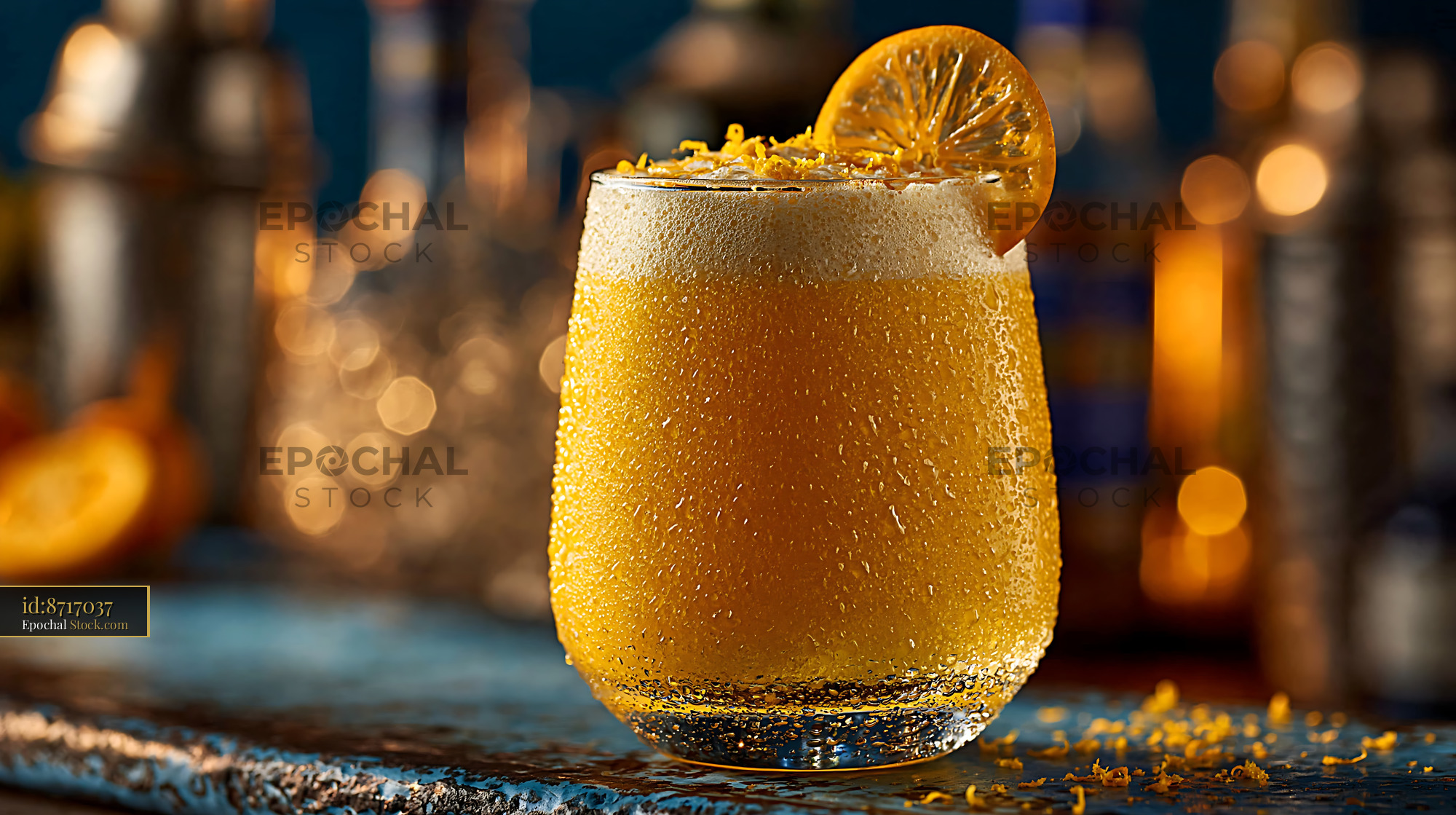 Refreshing mikan orange smoothie with citrus zest on a bar counter - stock photo