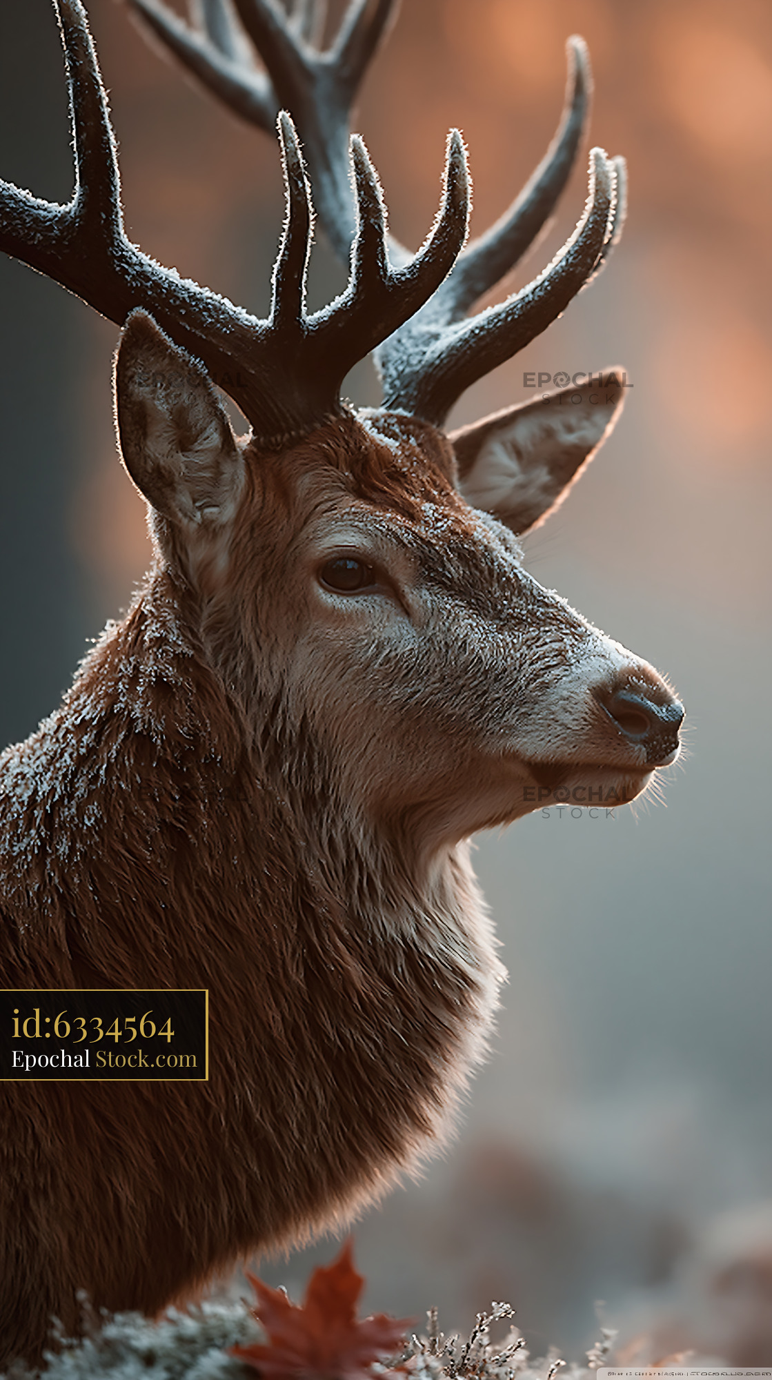 Majestic red deer stag with frosted antlers in misty orange woods - stock photo