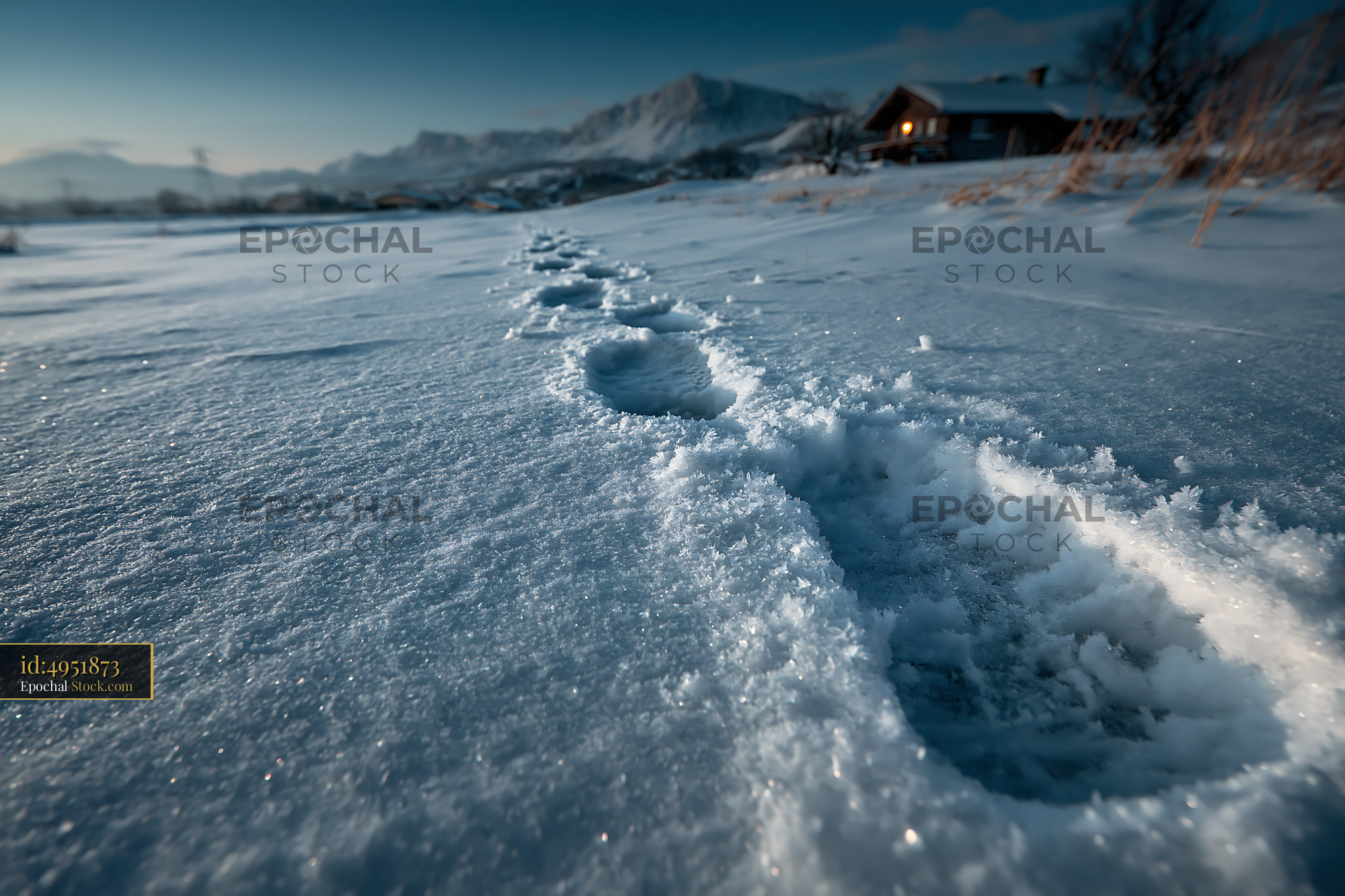 Footprints in deep snow leading to a lonely cabin in the mountains - stock photo