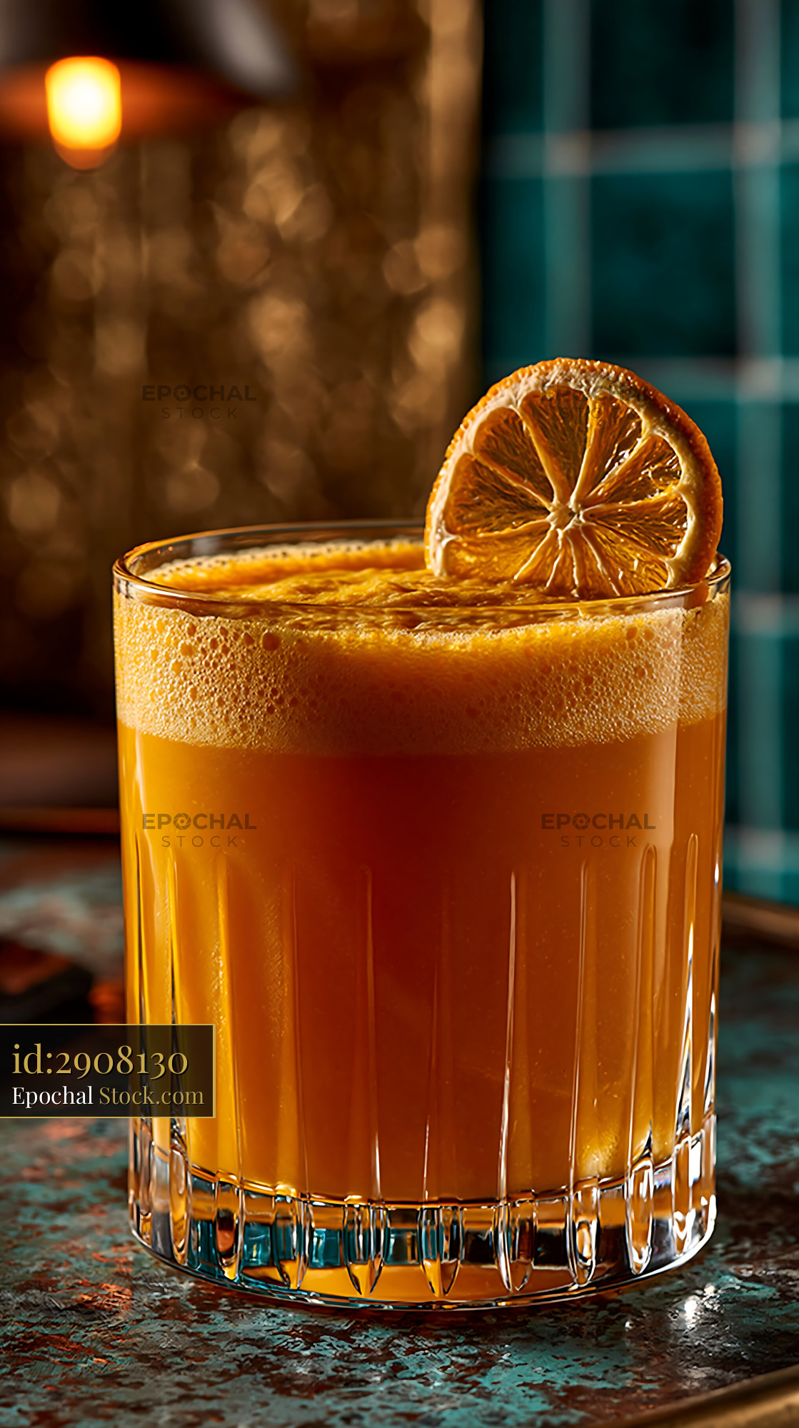 Mikan orange smoothie with foam and dried citrus garnish in a bar - stock photo