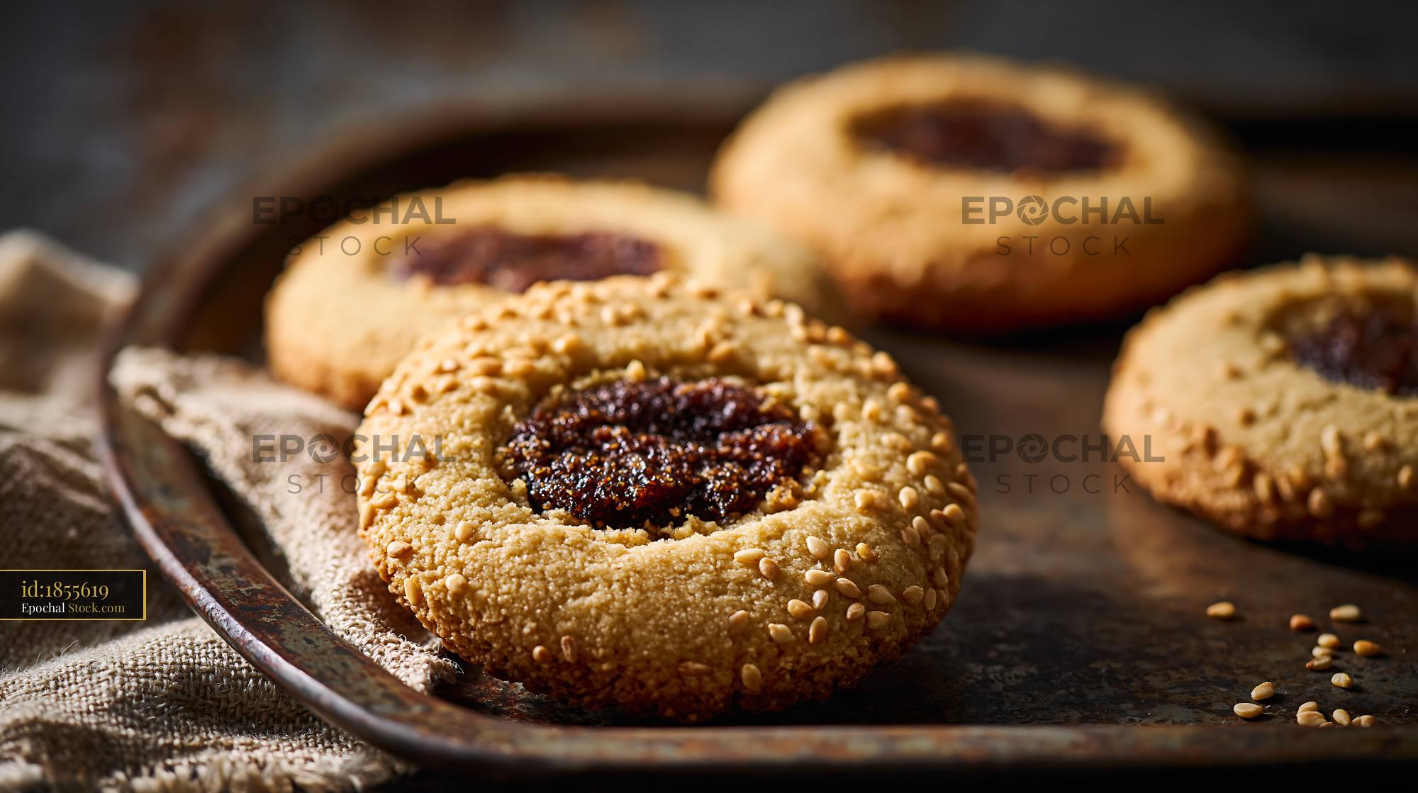 Tahini date biscuits with sesame seeds on a rustic baking tray - stock photo