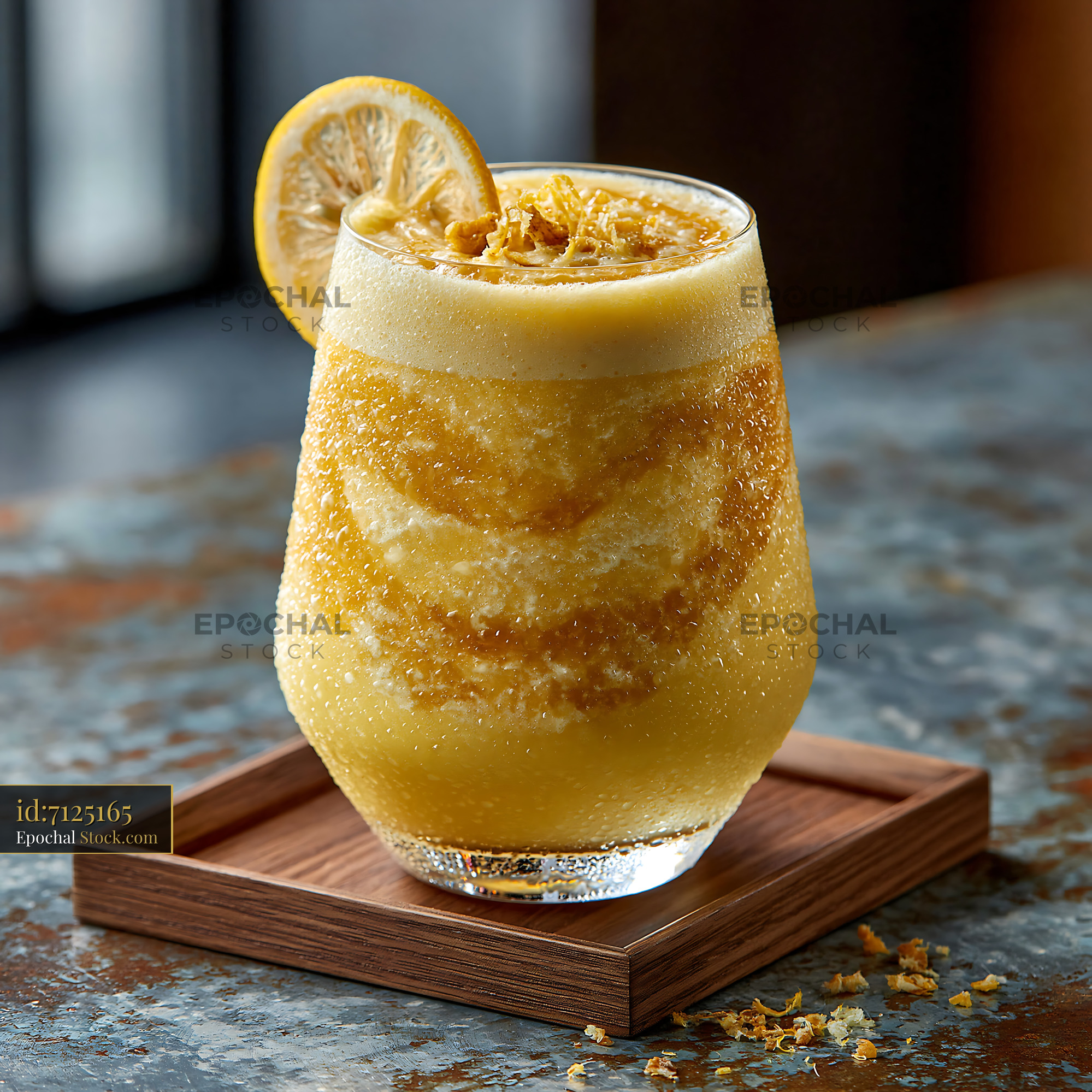 Refreshing yuzu honey smoothie with lemon garnish on wooden coaster - stock photo