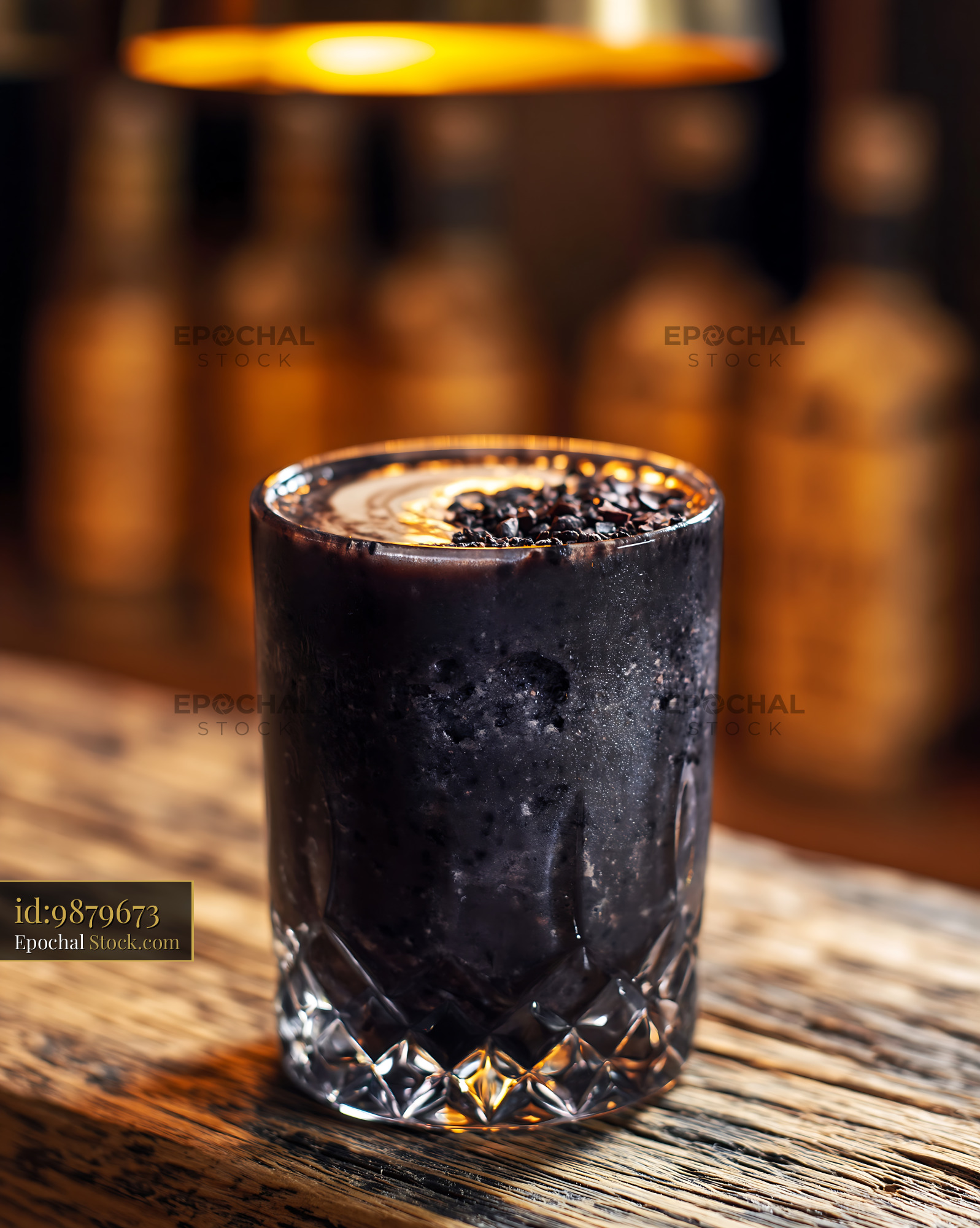Black bean smoothie with cacao nibs on a rustic wooden bar counter - stock photo