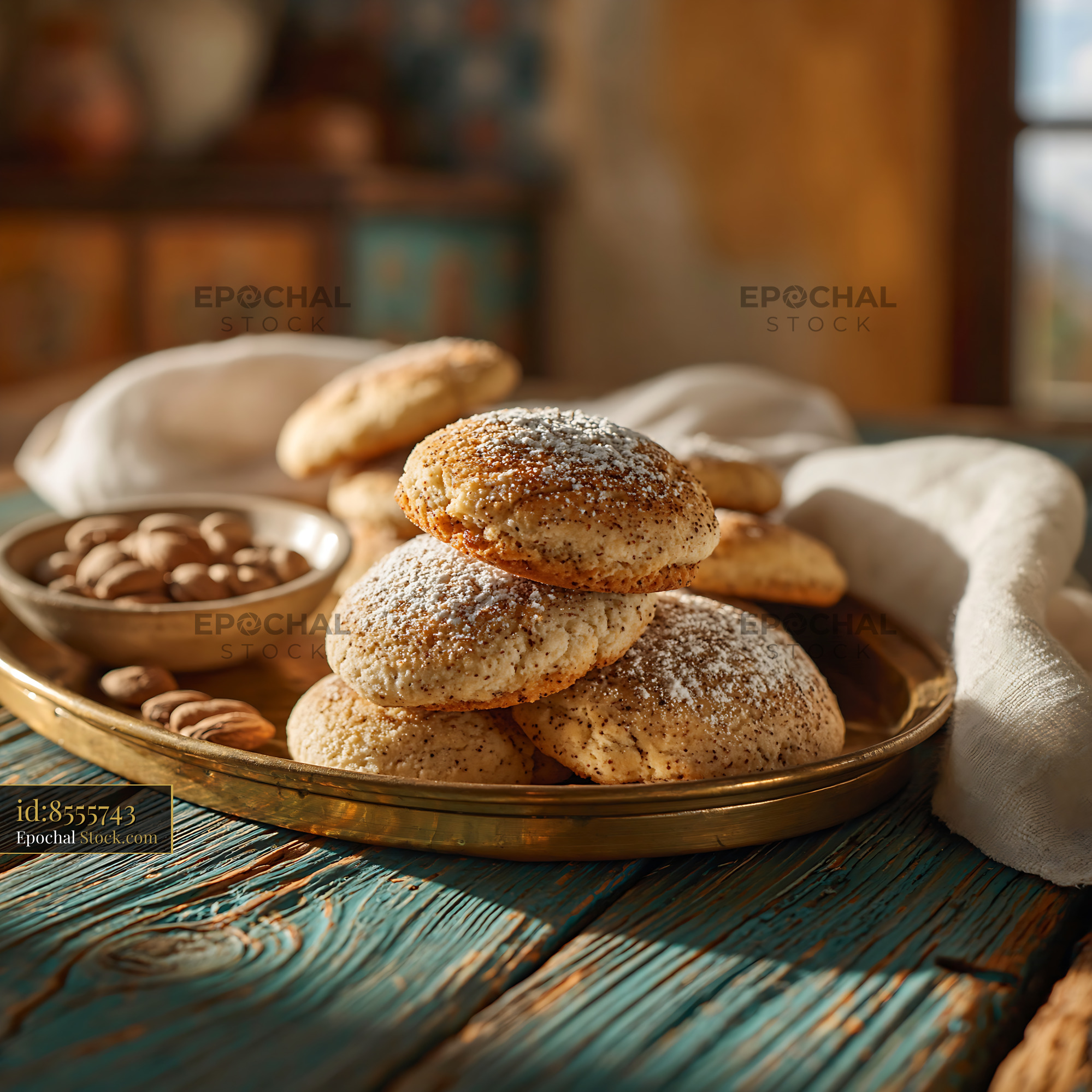 Mahlab spice biscuits with powdered sugar and almonds on rustic tray - stock photo