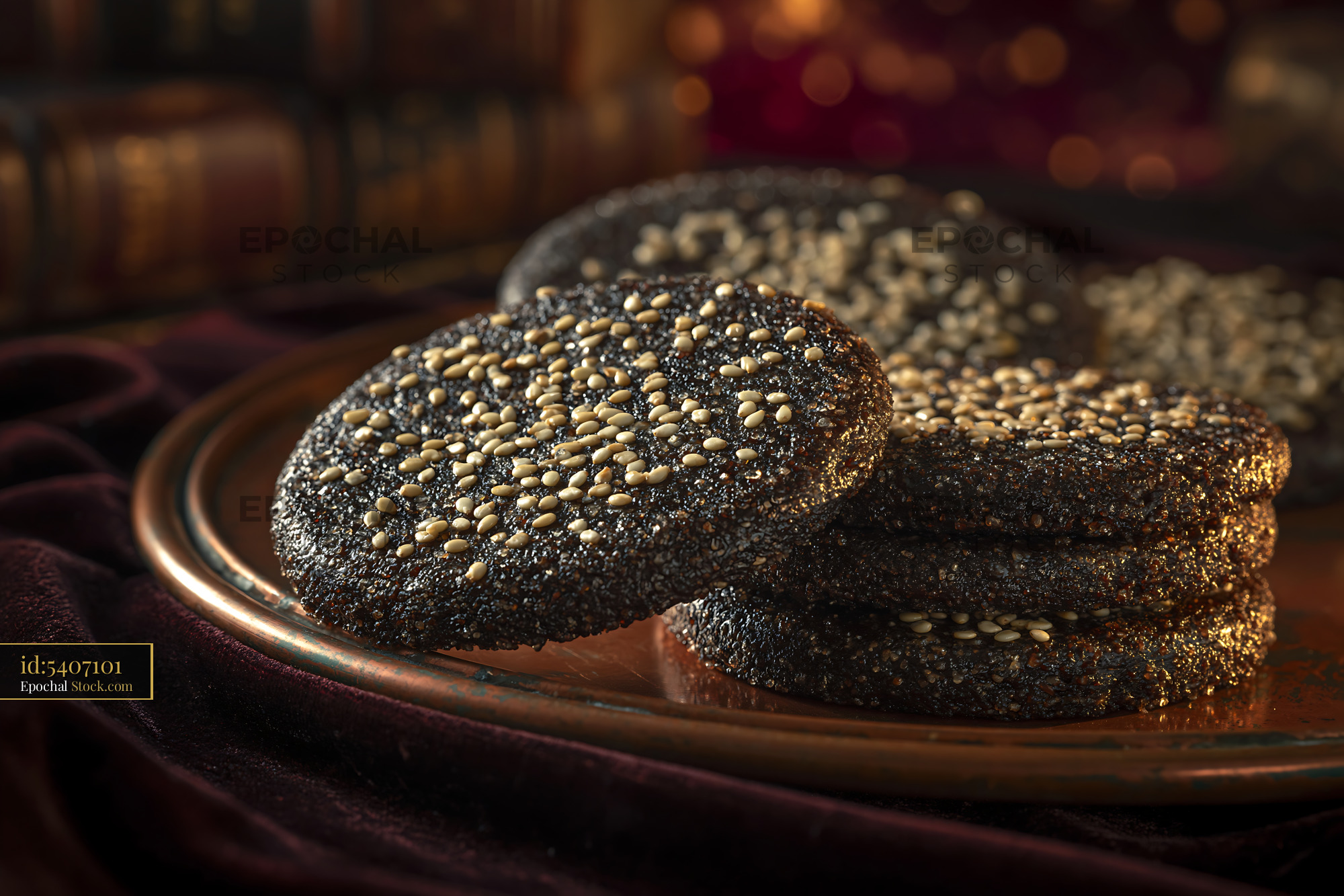 Dibs el kharroub biscuits with sesame seeds on a vintage copper plate - stock photo