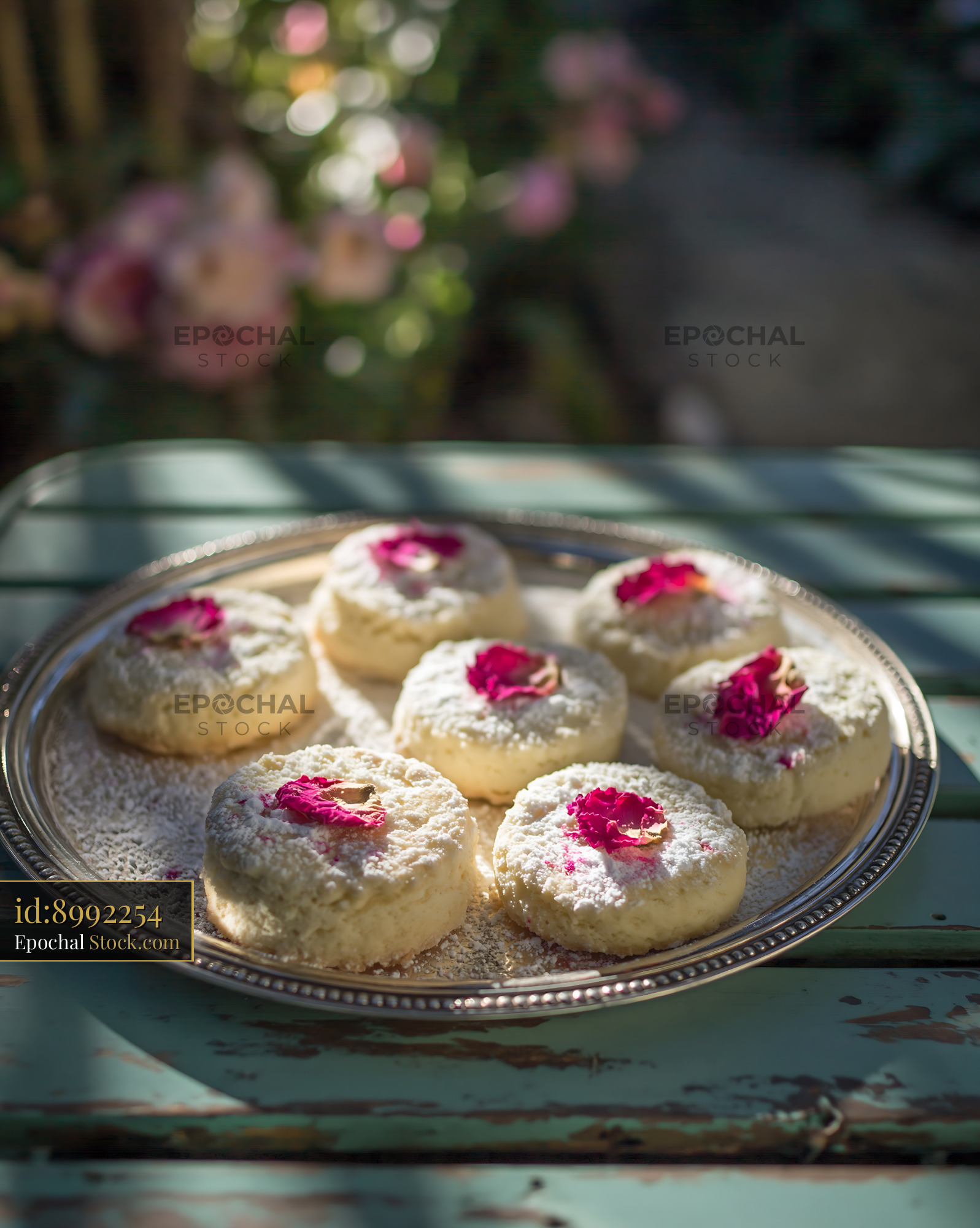 Rose water biscuits with powdered sugar and petals on a silver tray - stock photo
