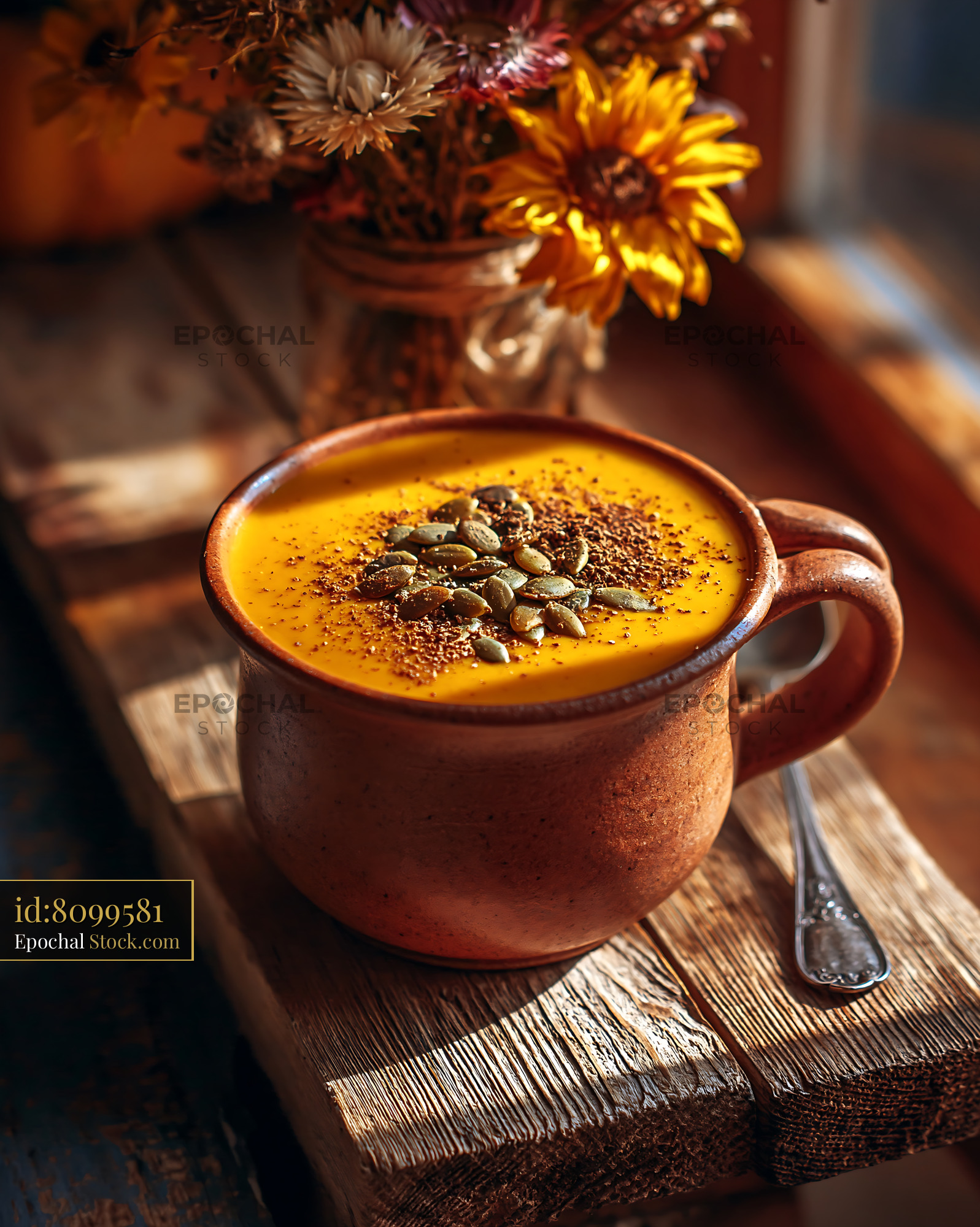 Kabocha pumpkin smoothie topped with seeds in a rustic mug - stock photo
