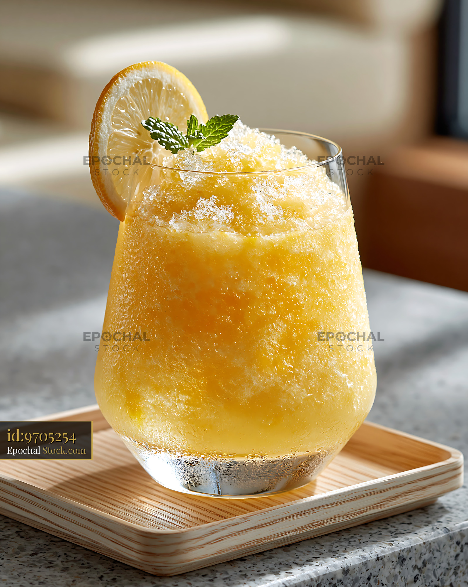Yuja citron smoothie with fresh mint and lemon slice on wooden tray - stock photo