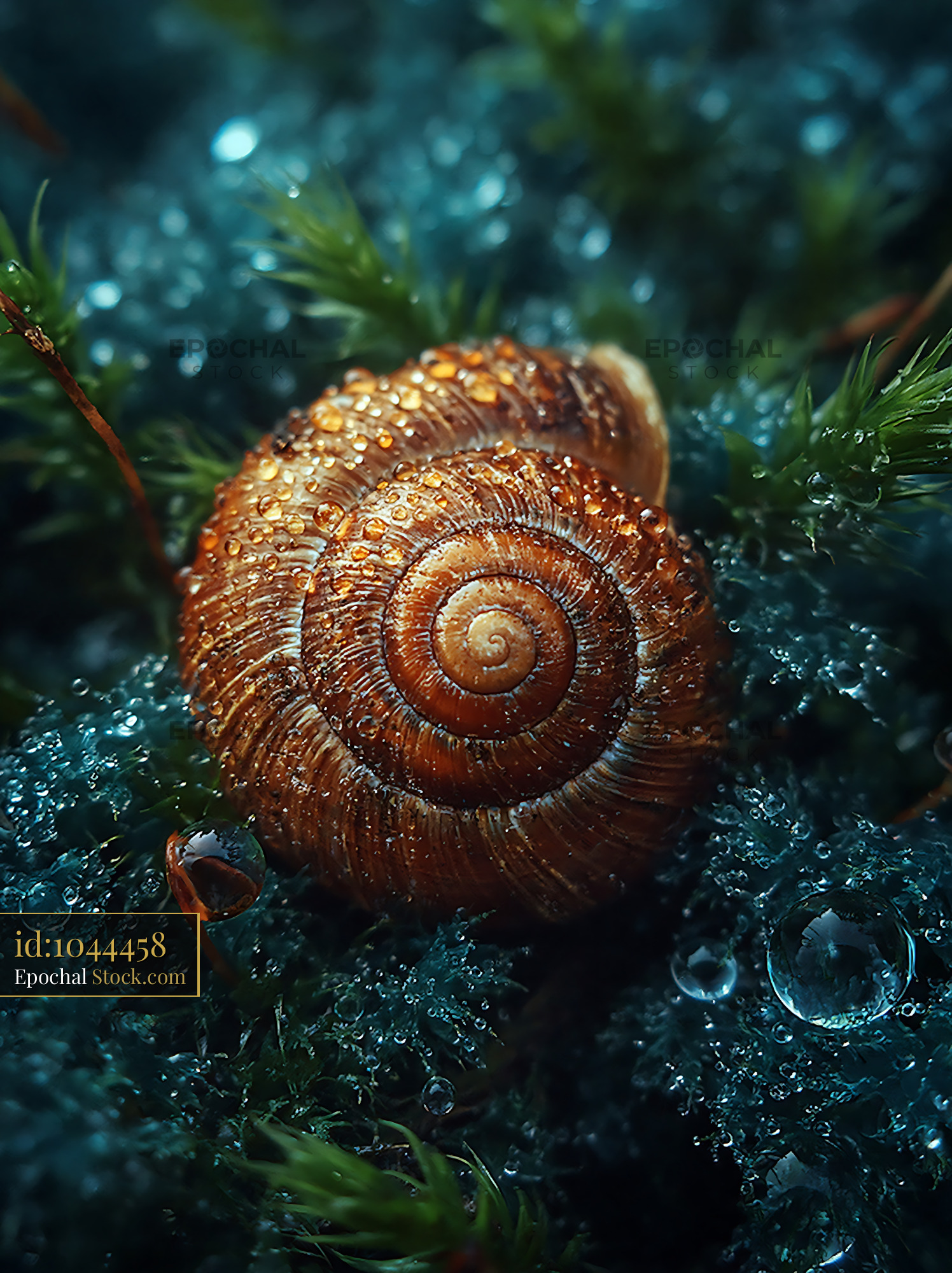 Spiral snail shell with dew droplets on wet green moss - stock photo