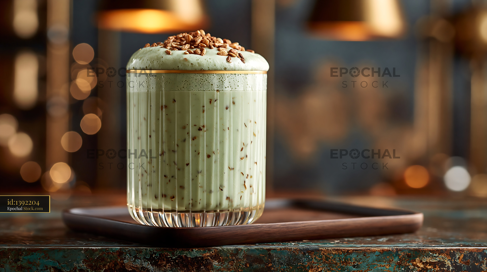 Genmaicha tea smoothie with roasted rice topping in a ribbed glass - stock photo