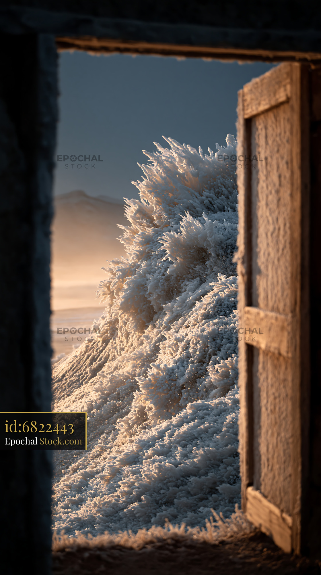 Stormy sea winter dusk viewed through an open wooden door - stock photo