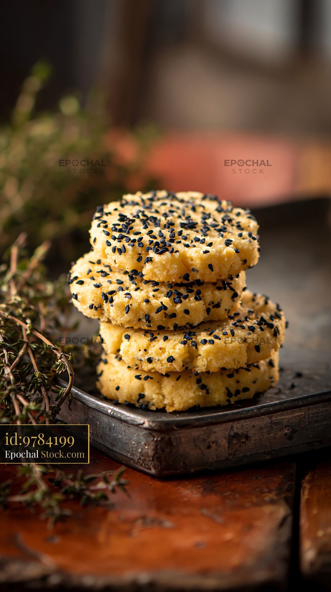 Stack of savory nigella seed biscuits on a rustic metal tray - stock photo