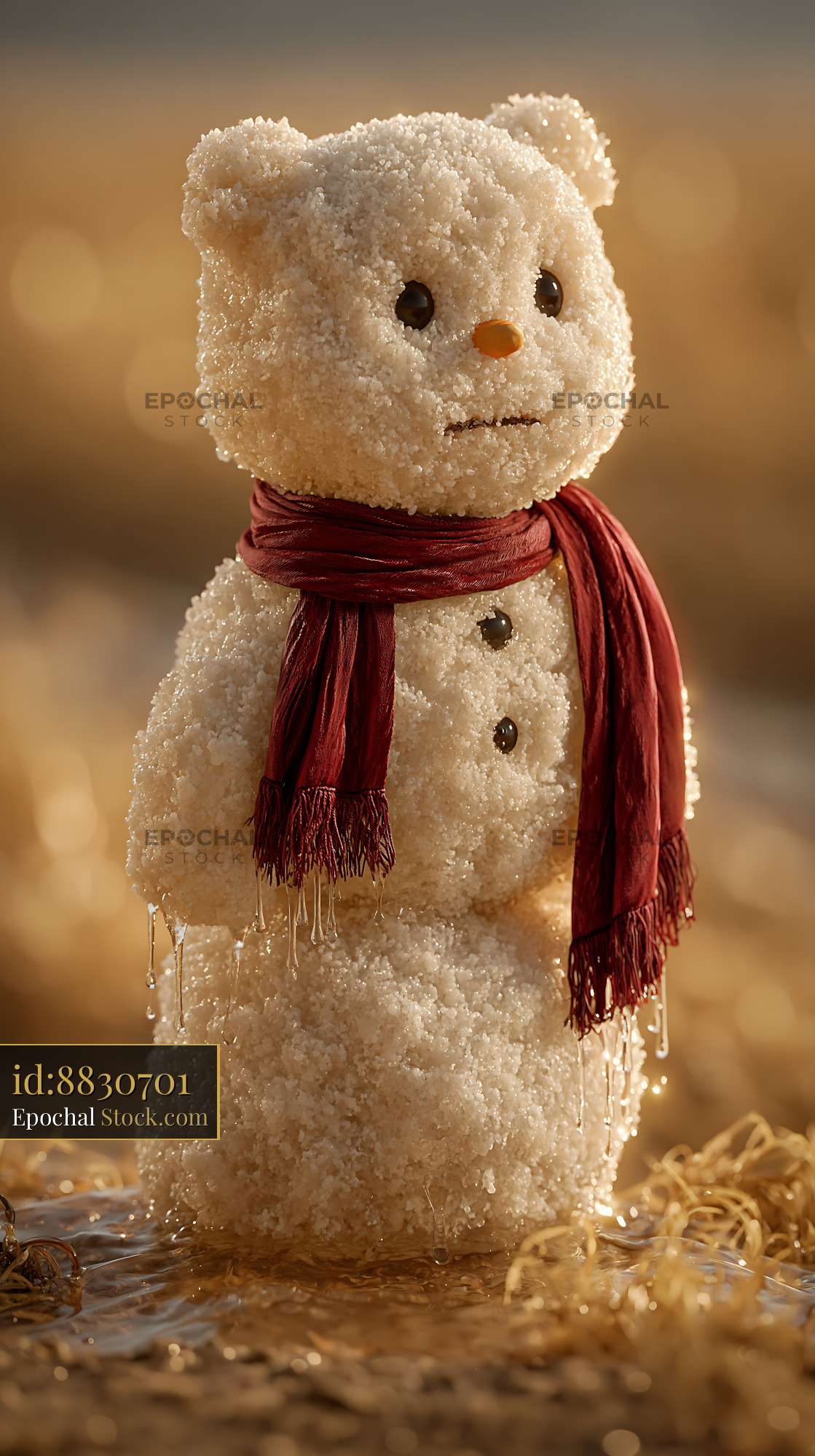 Melting teddy bear snowman with red scarf at stormy sea winter dusk - stock photo